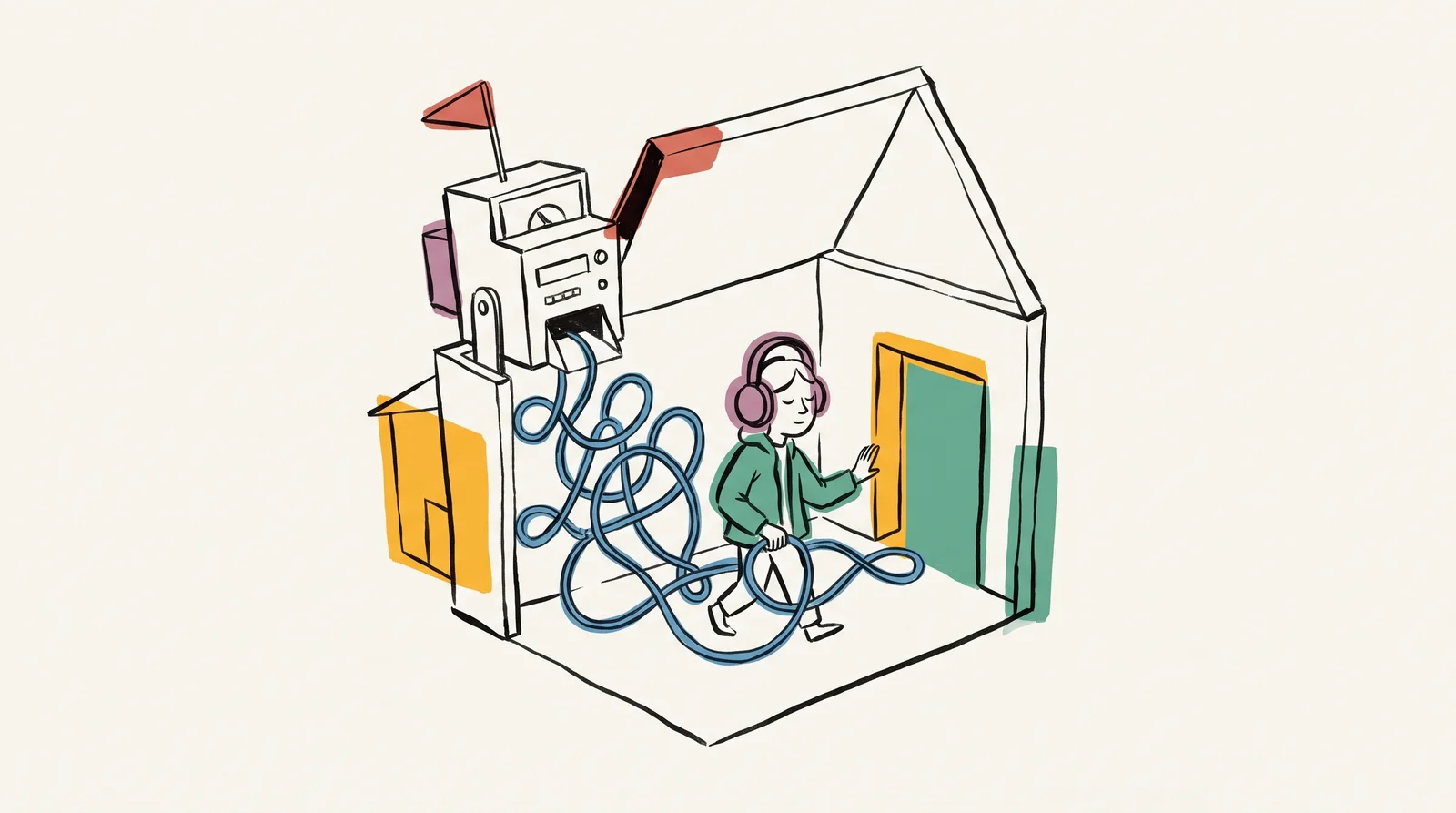 A cutaway paper house. At the entrance, an inspection machine raises a flag to show it passed. Inside, a person with headphones and closed eyes follows a guide rope that loops confusingly between rooms, stopping at a door that is only painted on.