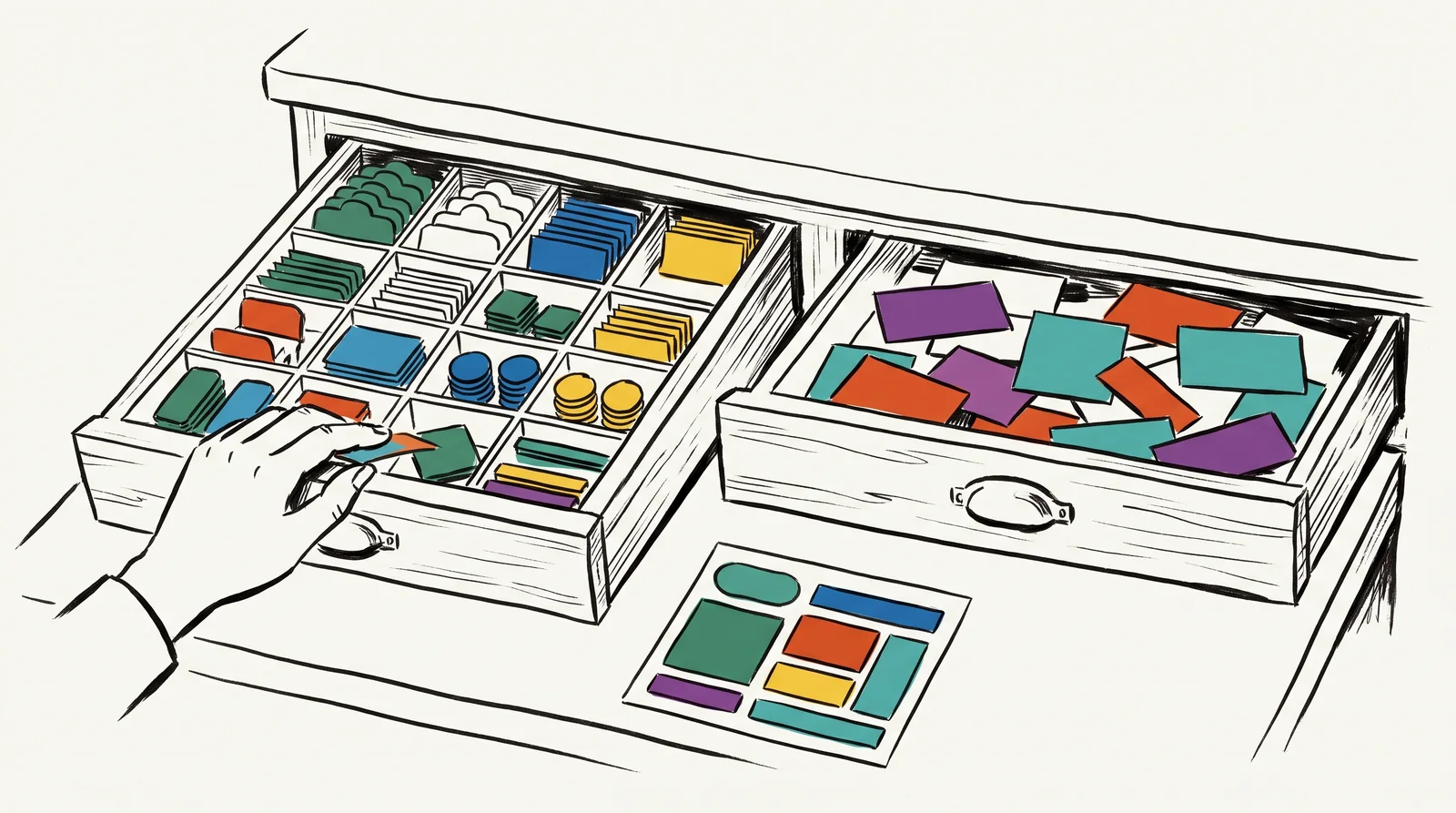 Two open drawers. The left is a tidy type case with compartments of matching small shapes such as tabs, cards and circles. The right is a jumble of loose paper rectangles. A hand builds a neat little screen layout from the tidy drawer's pieces.