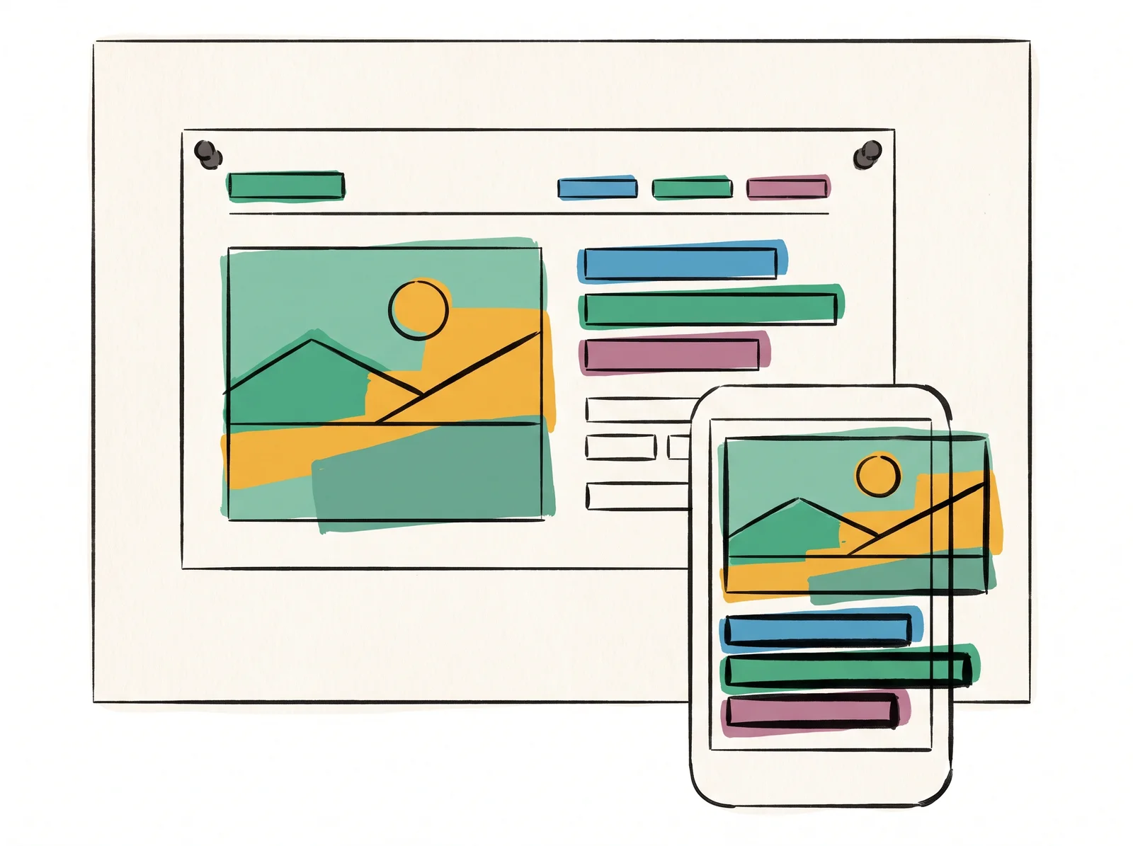 A wide, tidy paper layout of a web page is pinned to a board. In front, a small handset-shaped card shows the same layout squashed: the picture pokes out past the edge and the heading block is too large to fit.