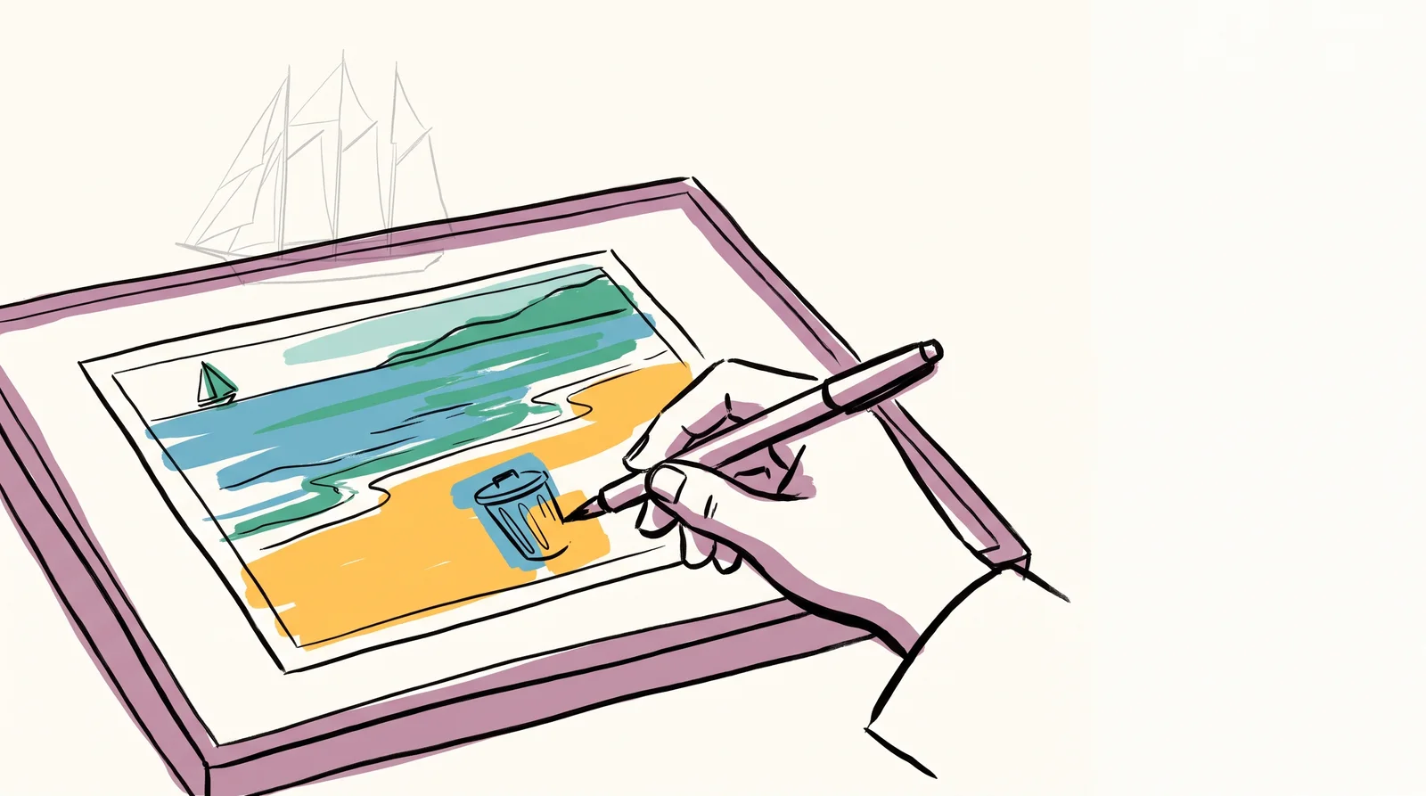 A beach photograph on a light table. A retoucher's brush makes a bin vanish into matching sand and sky. In the corner of the print, a tiny, half-formed sailboat sits on the horizon where a large one was wanted.