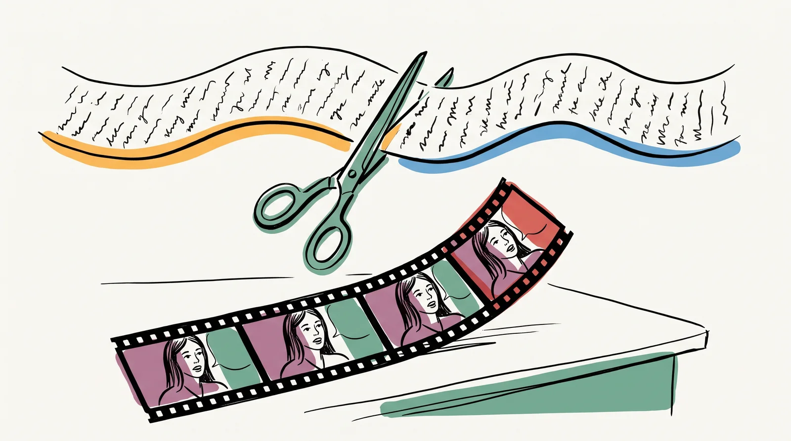 A long ribbon of handwritten lines lies above a strip of film of a woman talking. Scissors cut a section out of the paper, and the matching section of film below lifts out at the same point.