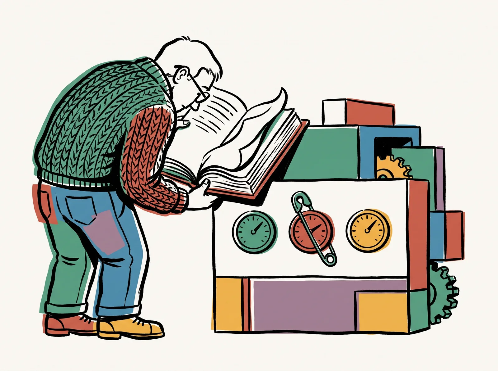 A person reads a thick, worn manual leaning against a machine with several dials. One dial has a large safety pin pushed through it so it can't turn; the others move freely.