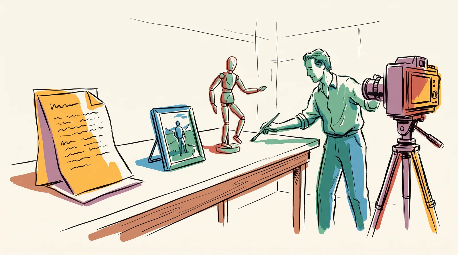 Along a table, left to right: a sheet of handwritten notes, a photograph on a stand and a wooden artist's mannequin, each bigger than the last. At the end of the table, the art director has set them aside and reaches for a real camera.