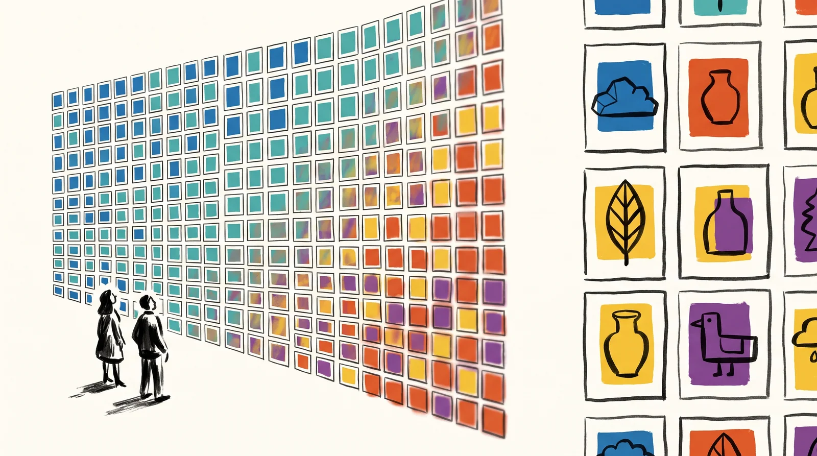 Two small people stand far back from a huge wall covered in hundreds of tiny prints. From a distance, a gradual colour shift runs diagonally across the wall, cool at the top left and warm at the bottom right.