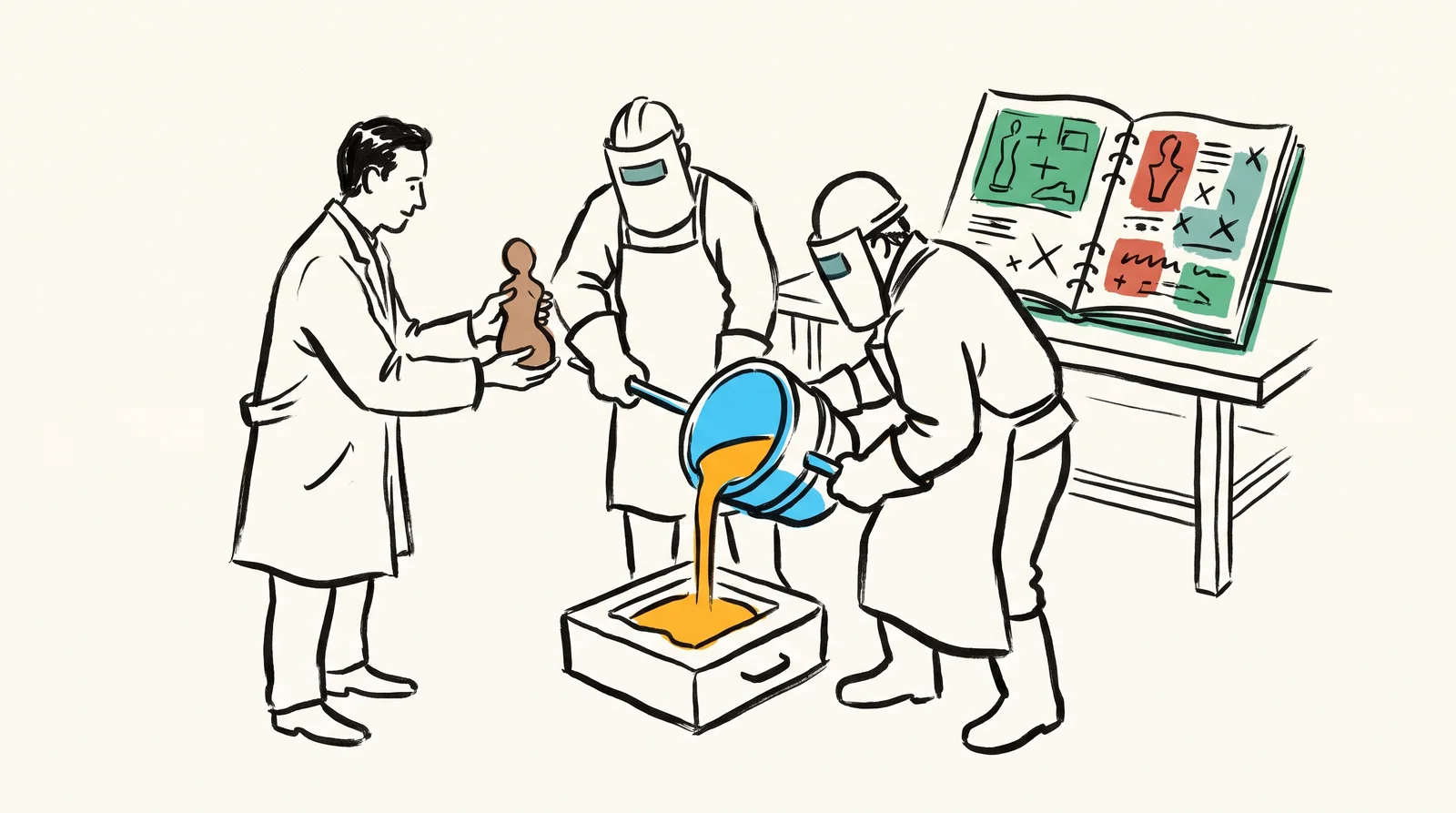 A sculptor passes a small clay model to two foundry workers pouring molten bronze into a mould. On a bench nearby lies an open notebook full of the sculptor's sketches and crossed-out options.