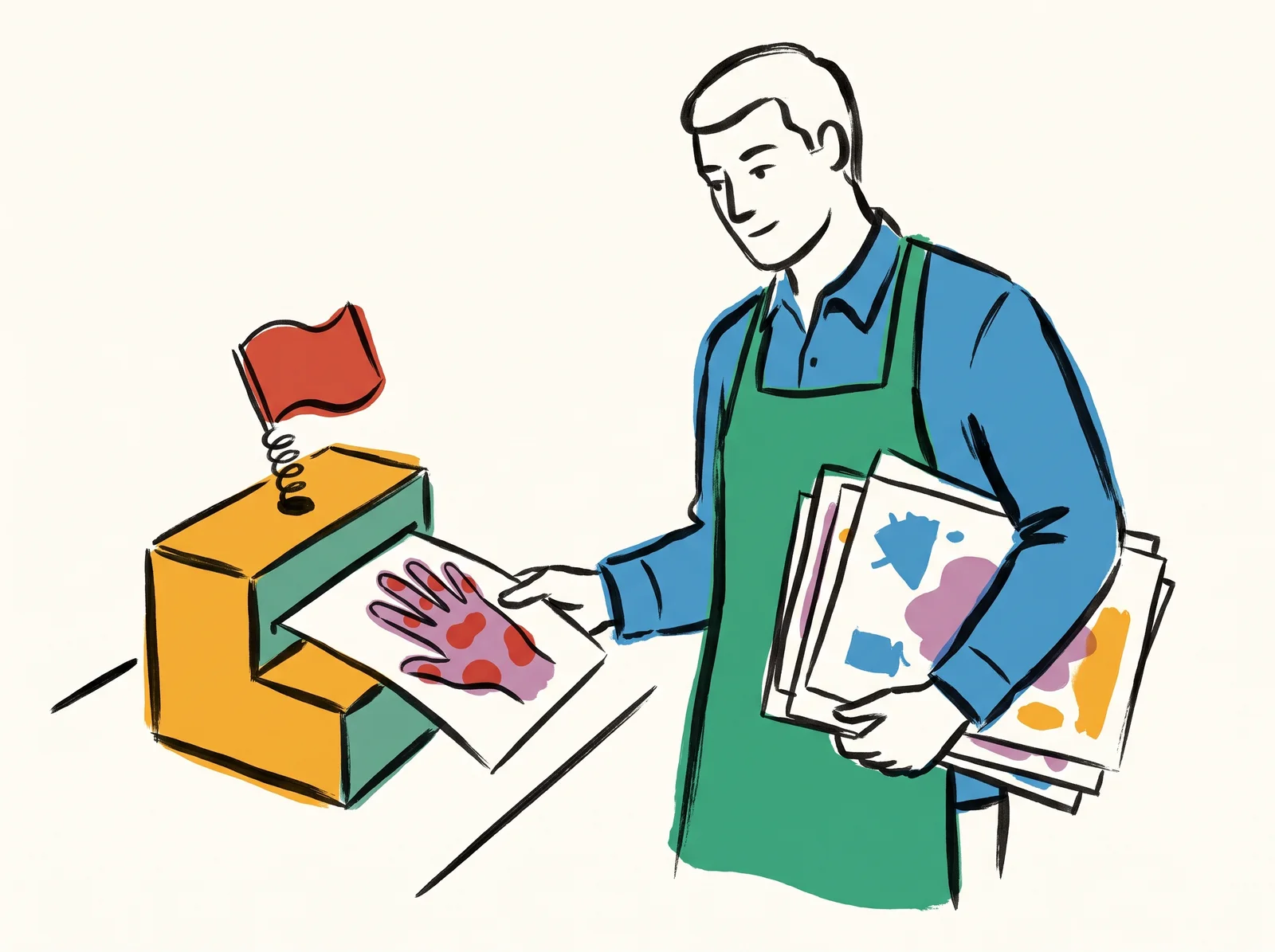 A technician feeds a print of a six-fingered hand into a small wooden checking machine, and a red flag pops up on top. They nod, holding a stack of other known-bad test prints under one arm.