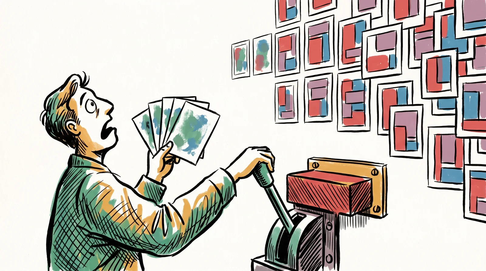A person holds four small test prints and looks up at a wall where a grid of prints keeps multiplying, spreading off the edges. Next to them, a large lever has a stop block bolted on so it cannot be pushed fully.