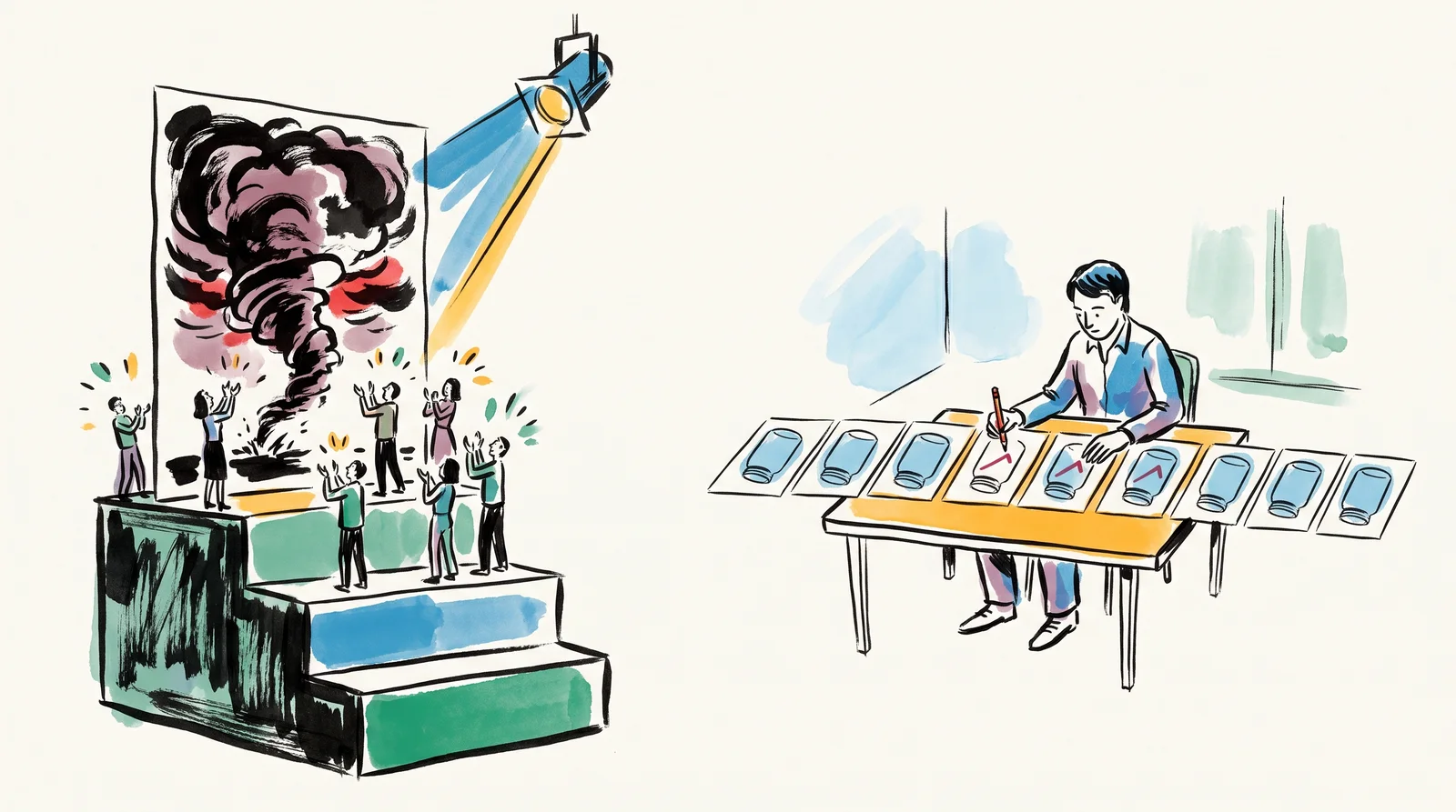 On the left, a spotlit winner's podium holds a dramatic, high-contrast print while small figures clap. On the right, a person at a plain table lays out ten small prints of the same simply lit jar in a row and marks each with a pencil.