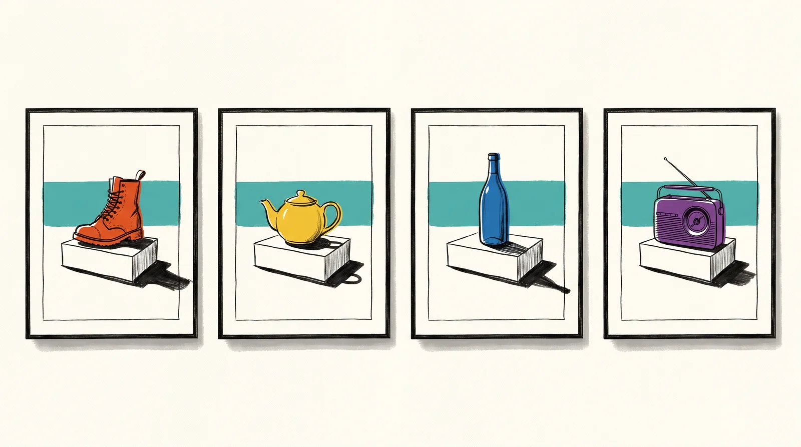Four framed photographs in a row on a wall. Each shows a different object, a boot, a teapot, a bottle and a radio, on the same low plinth with the same light from the upper left and the same long shadow to the right.