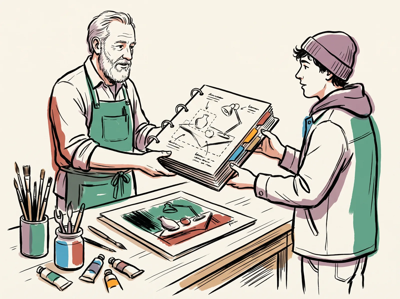 At a studio bench, an older person hands a younger one a worn ring binder open to a sketch of a still-life set-up with three dashed empty outlines for an object, a surface and a lamp. Coloured tabs stick out of the binder.