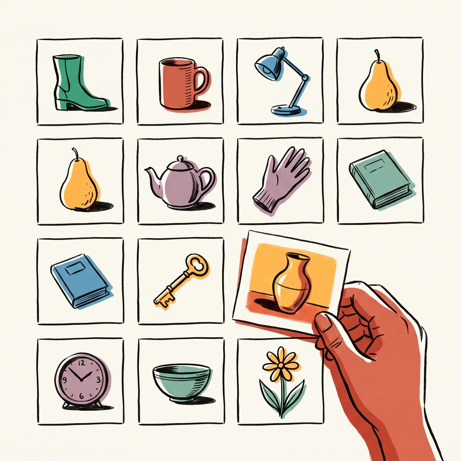 Twelve small prints in a grid seen from above, each showing a different object with its shadow falling to the right. One print has its shadow falling left and a warmer tone, and a hand is lifting it out.