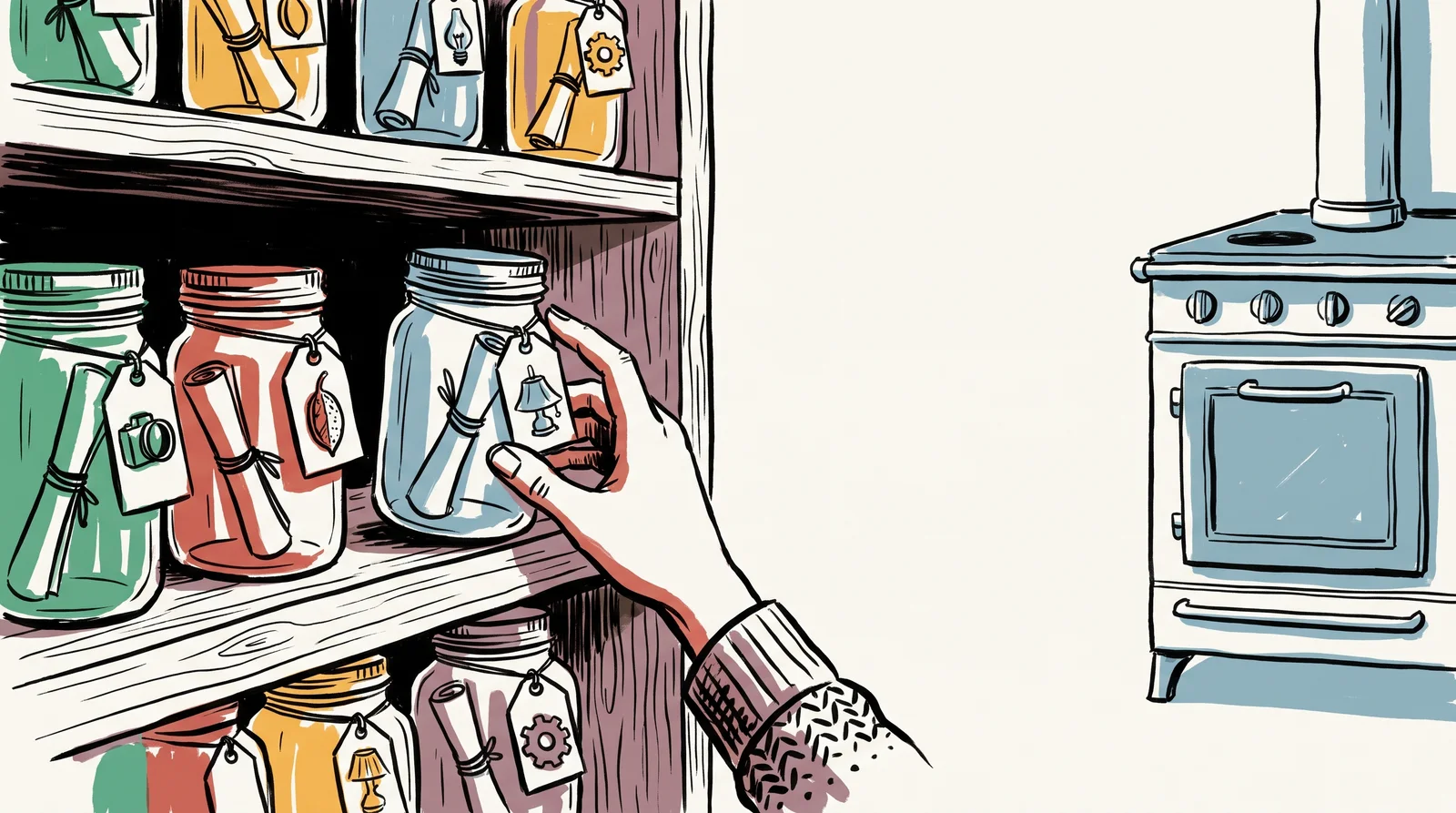 A pantry shelf of sealed jars, each holding a rolled print with a tag showing small drawings of a lens, a seed pod, a lamp and a gear. A hand reaches for one jar while a stove across the room stays unlit.