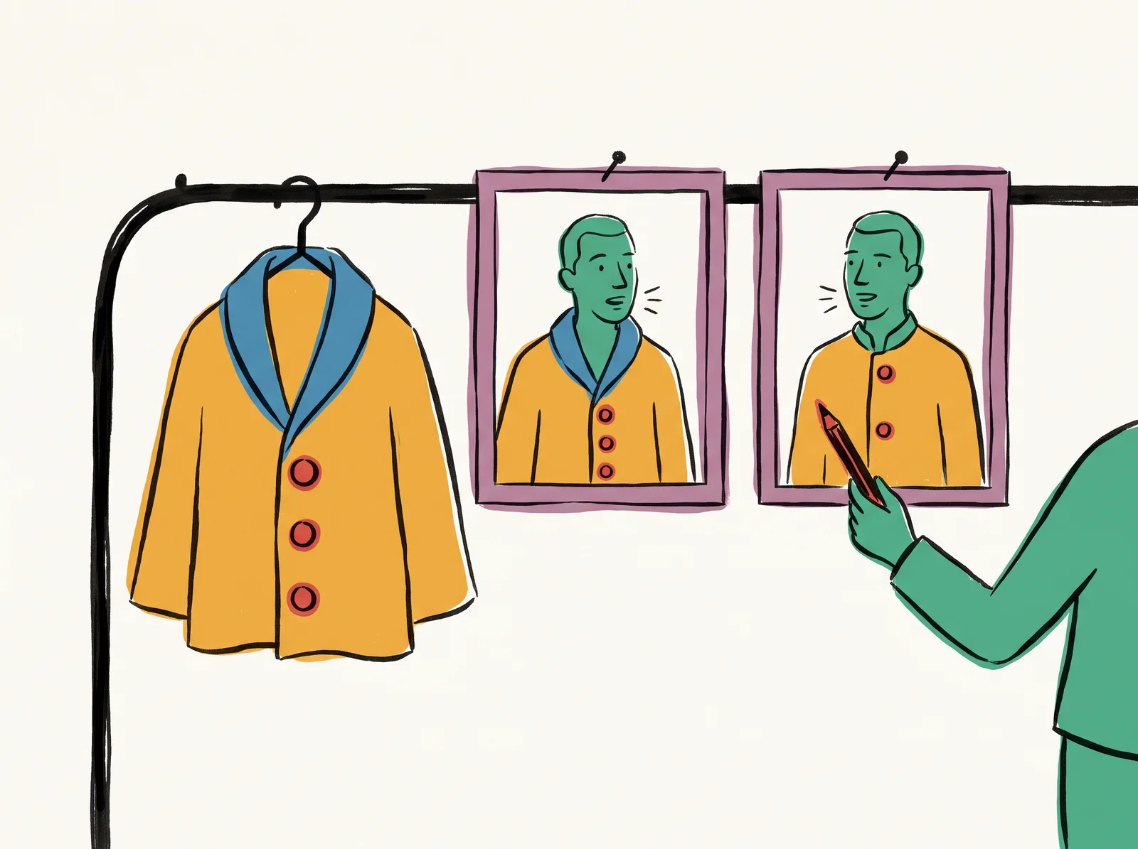 A costume rail with a jacket that has three buttons and a wide collar. Two film frames of a man talking are pinned beside it. In the second frame his jacket has only two buttons and a narrow collar, and an assistant points at it with a pencil.