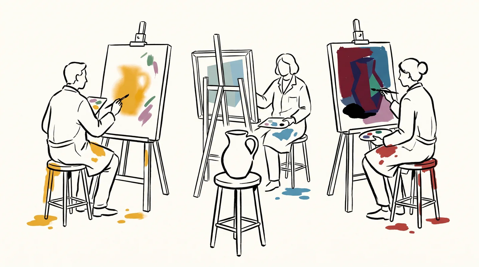 Three painters at easels all paint the same plain jug on a stool. Their paintings look completely different: one hazy and golden, one flat and crisp, and one dark and dramatic with a deep shadow.