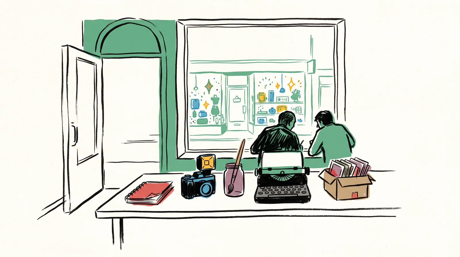 Through a doorway, a small studio with one long table holding five well-worn things: a sketchbook, a camera, a brush in a jar, a typewriter and a box of prints. Through the window, a shop across the street glitters with new gadgets nobody is watching.