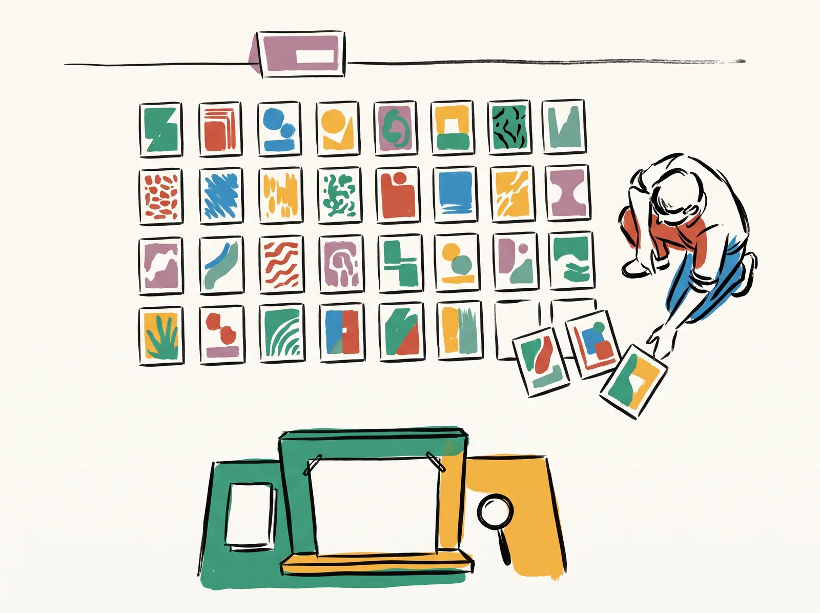 From above, forty small prints are laid in rows on a studio floor with a brief card at the top. A person kneels and slides four of them toward a desk where a magnifying loupe waits for a closer look.