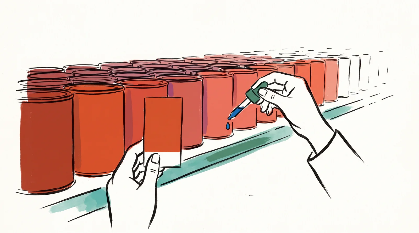 A long shelf of identical plain tins, each a slightly different shade of red. A hand holds a single colour chip against one tin to compare, and a glass eyedropper hovers over the next as if taking a sample.