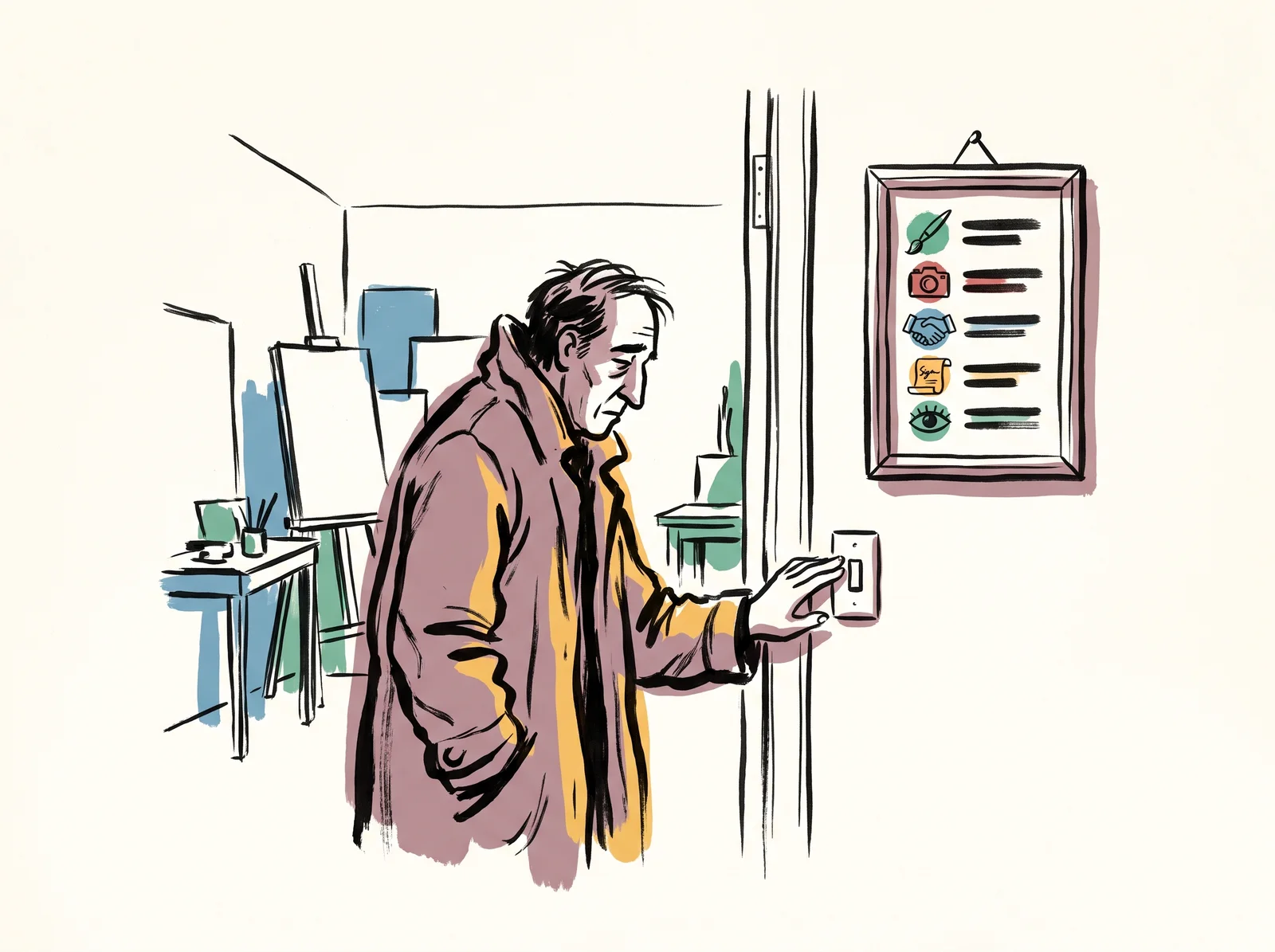 Late at night, a tired designer in a coat pauses by the studio door to read a short framed charter beside the light switch. Its five lines are drawn as bars, each starting with a small symbol: a brush, a camera, a handshake, a signature and an eye.