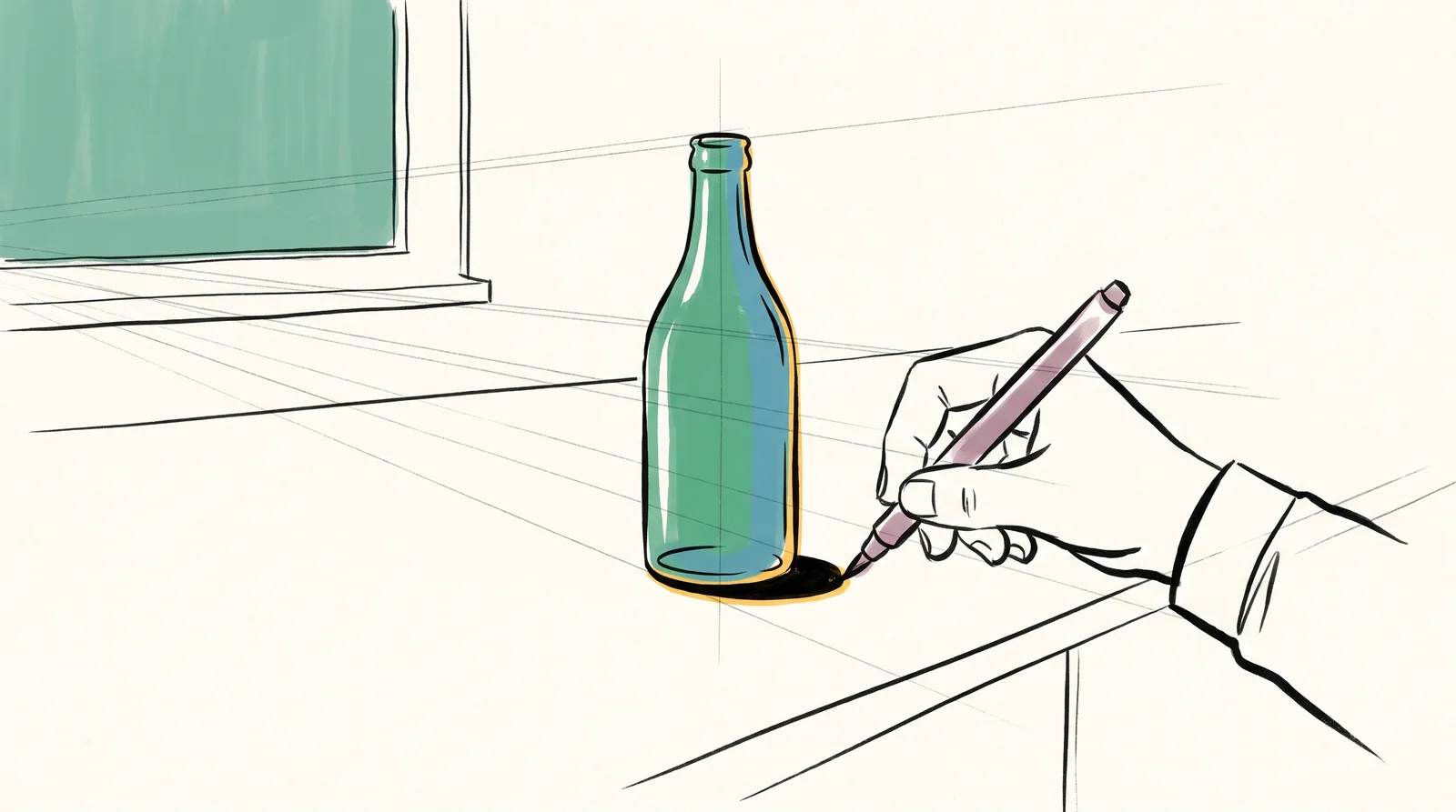A kitchen counter with faint guide lines converging toward a window. A glass bottle stands on the counter lined up with them, with a thin dark shadow at its base and warm window light along one edge. A hand with a soft brush finishes the shadow.