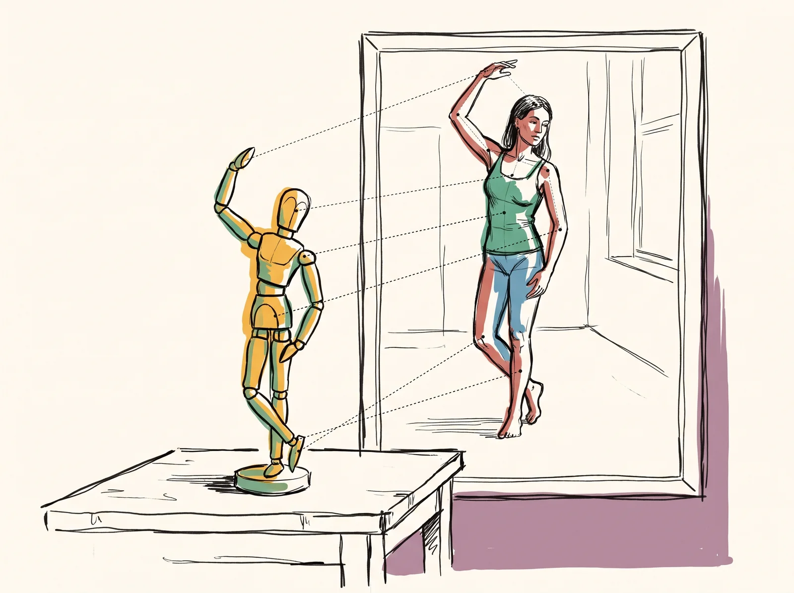 A small wooden artist's mannequin on a table stands with one arm raised and its weight on one leg. Behind it hangs a large drawing of a woman in a sunny room in exactly the same pose, with dotted lines joining their joints.