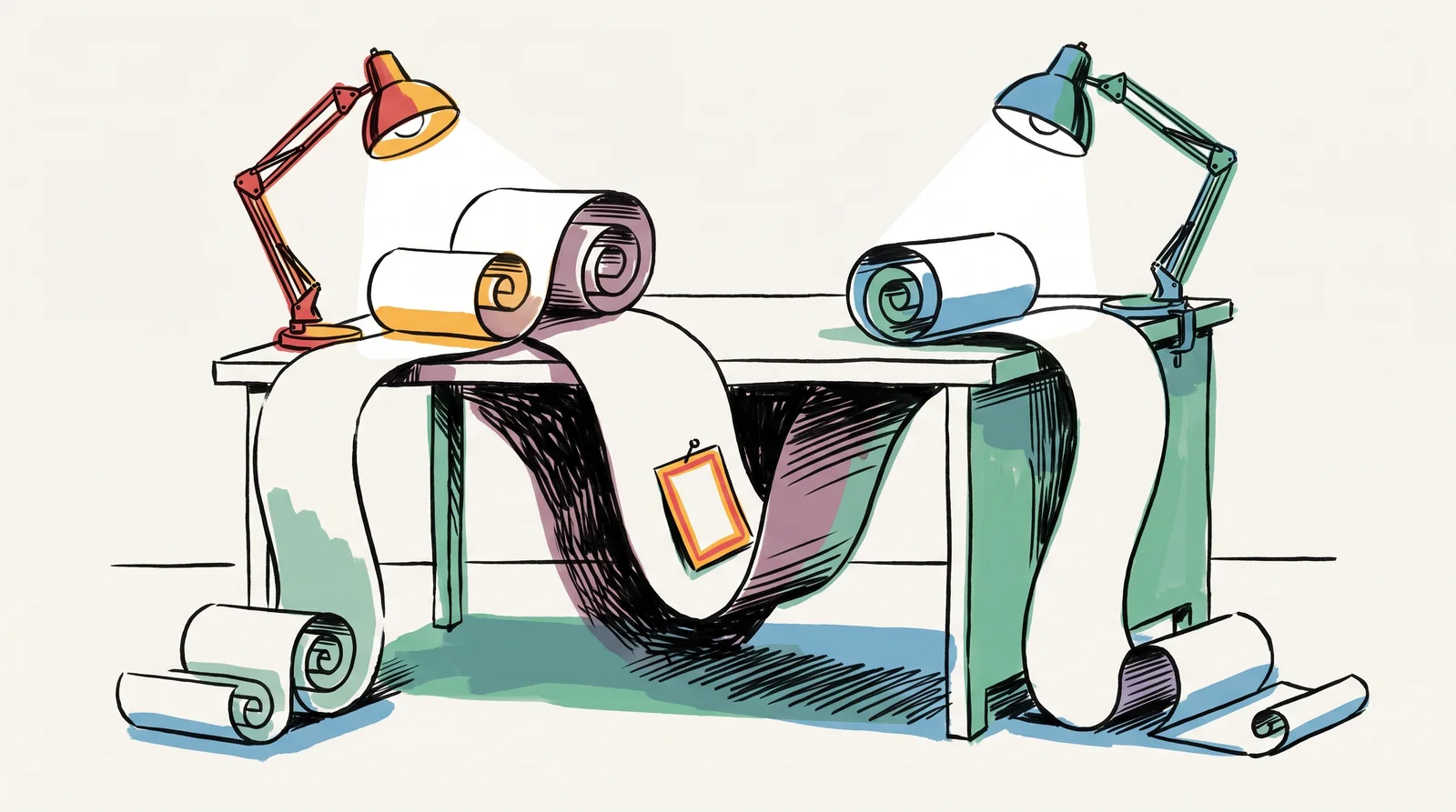 A long paper scroll stretched along a table, spilling over both ends. Two lamps brightly light the start and the end. The middle droops below the table into shadow, where a small bordered card is pinned and hard to see.