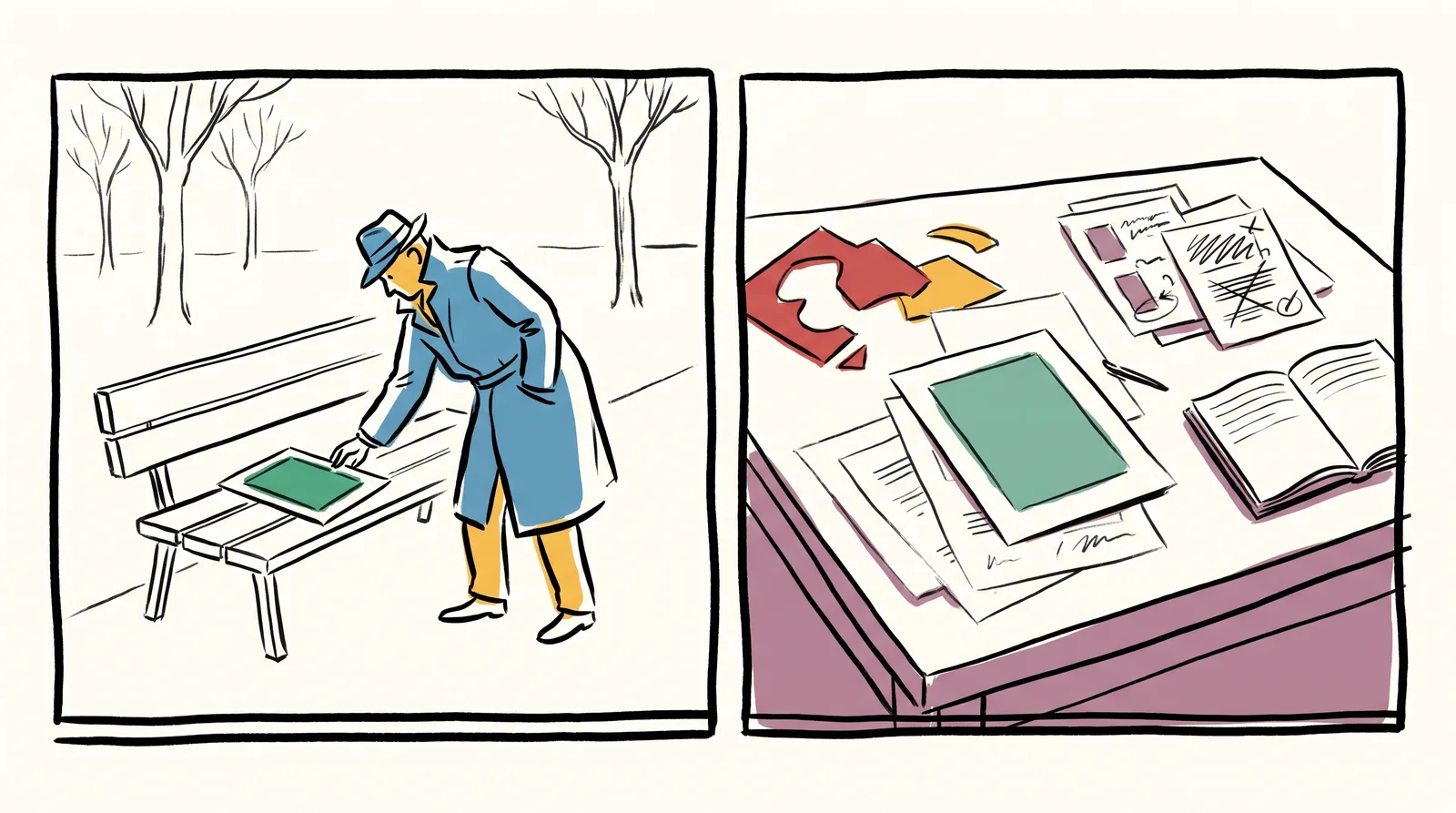 Split in two. On the left, a print lies alone on a park bench and a passer-by picks it up. On the right, a similar print sits on a studio table surrounded by marked-up proofs, cut-out alternatives and a notebook of decisions.