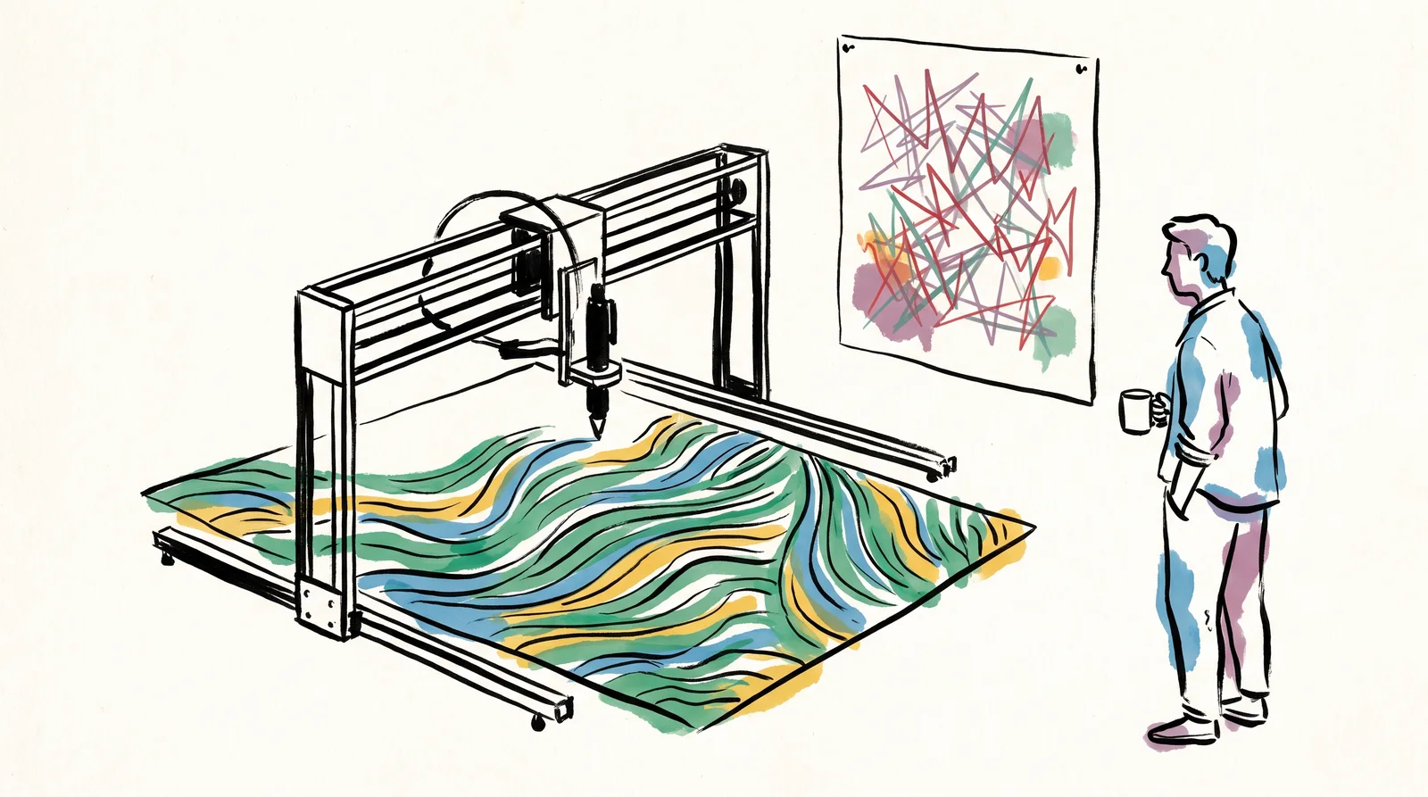 A pen plotter moves across a large sheet, drawing flowing lines that ripple like wind through grass. Pinned beside it is a sheet of harsh random static. A person watches, holding a mug.