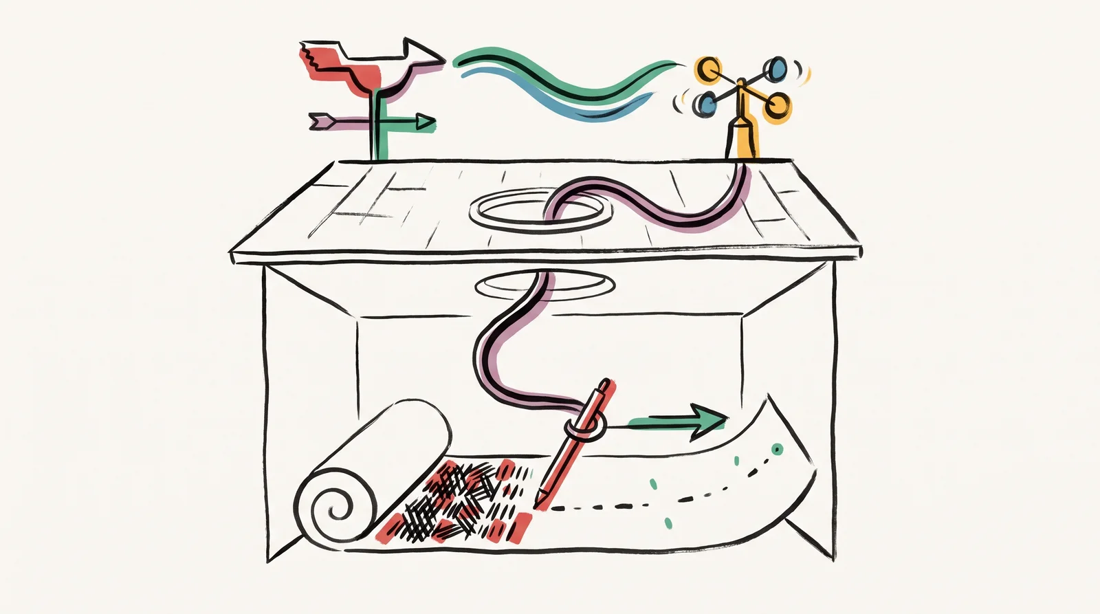 A weathervane and a spinning wind gauge on a rooftop connect by a cord to a pen in the room below. The pen draws marks on a moving roll of paper, tightly bunched where the wind was strong and spread out where it was calm.