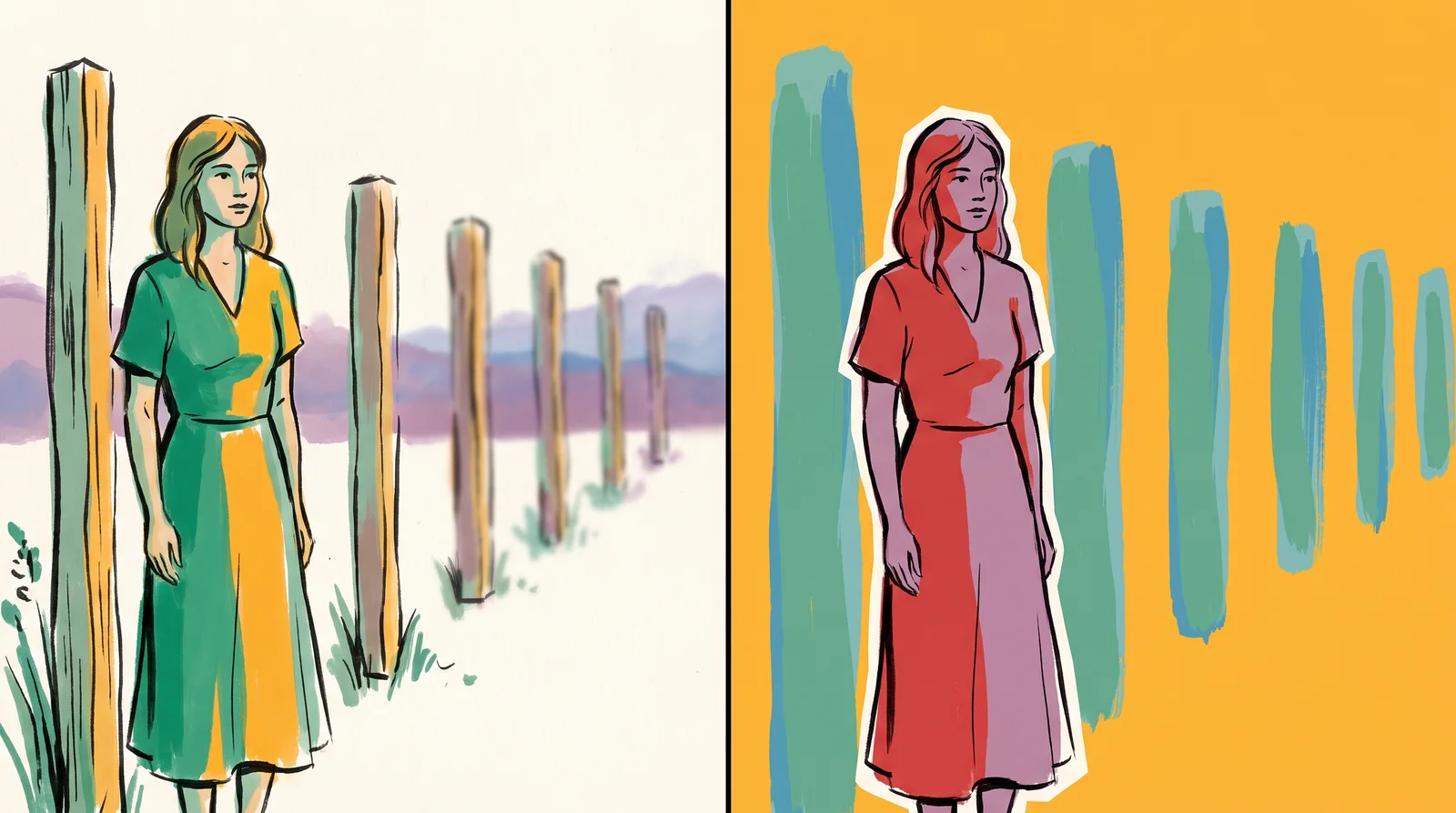 The same garden scene twice. On the left, a woman stands by a row of posts that blur gradually as they get further away. On the right, she looks cut out with a hard edge and every post is equally blurred, even the one right beside her.