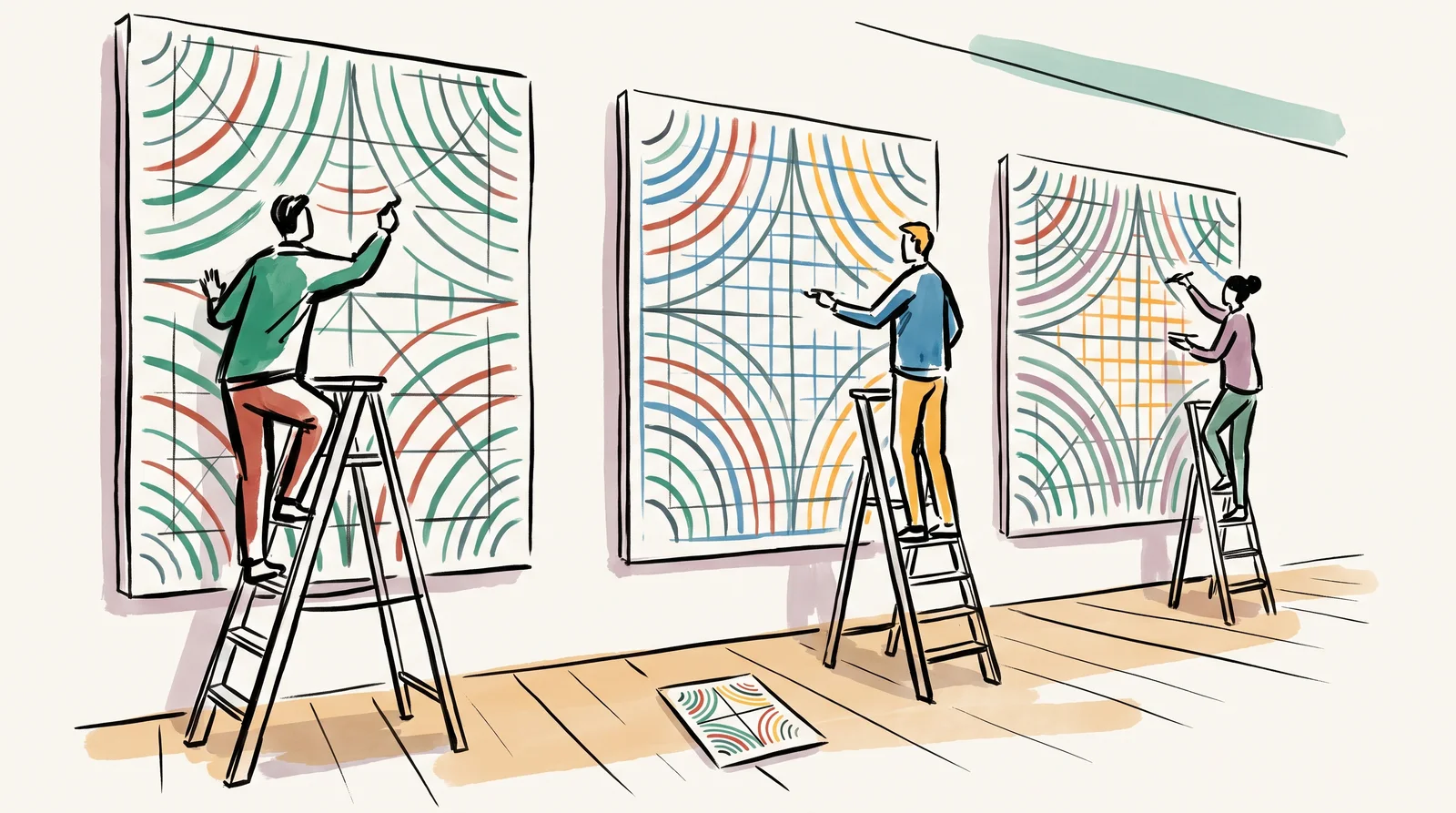 Three people on stepladders draw panels of ruled arcs and grids along a long gallery wall. Each panel is a little different but clearly from the same family. On the floor lies the small card with the diagram they all follow.