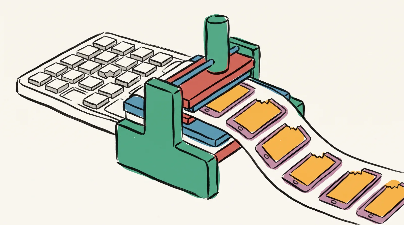 A small press stamps paper screen layouts from a tray of matching blocks. One block has a chipped corner, and every layout in the long row coming off the press shows the same chip in the same spot.