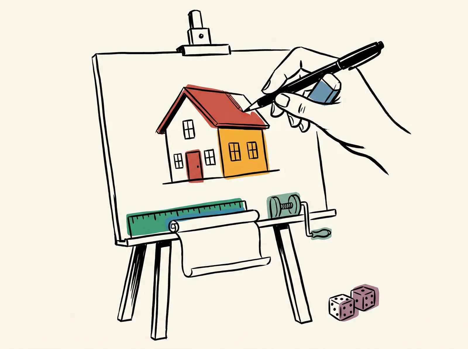 A drawing of a house on an easel has a crooked roof. A person fixes only the roof with a pencil and eraser. A ruler, a tracing sheet and a small rewind crank sit on the easel's ledge, while a pair of dice lies unused on the floor.