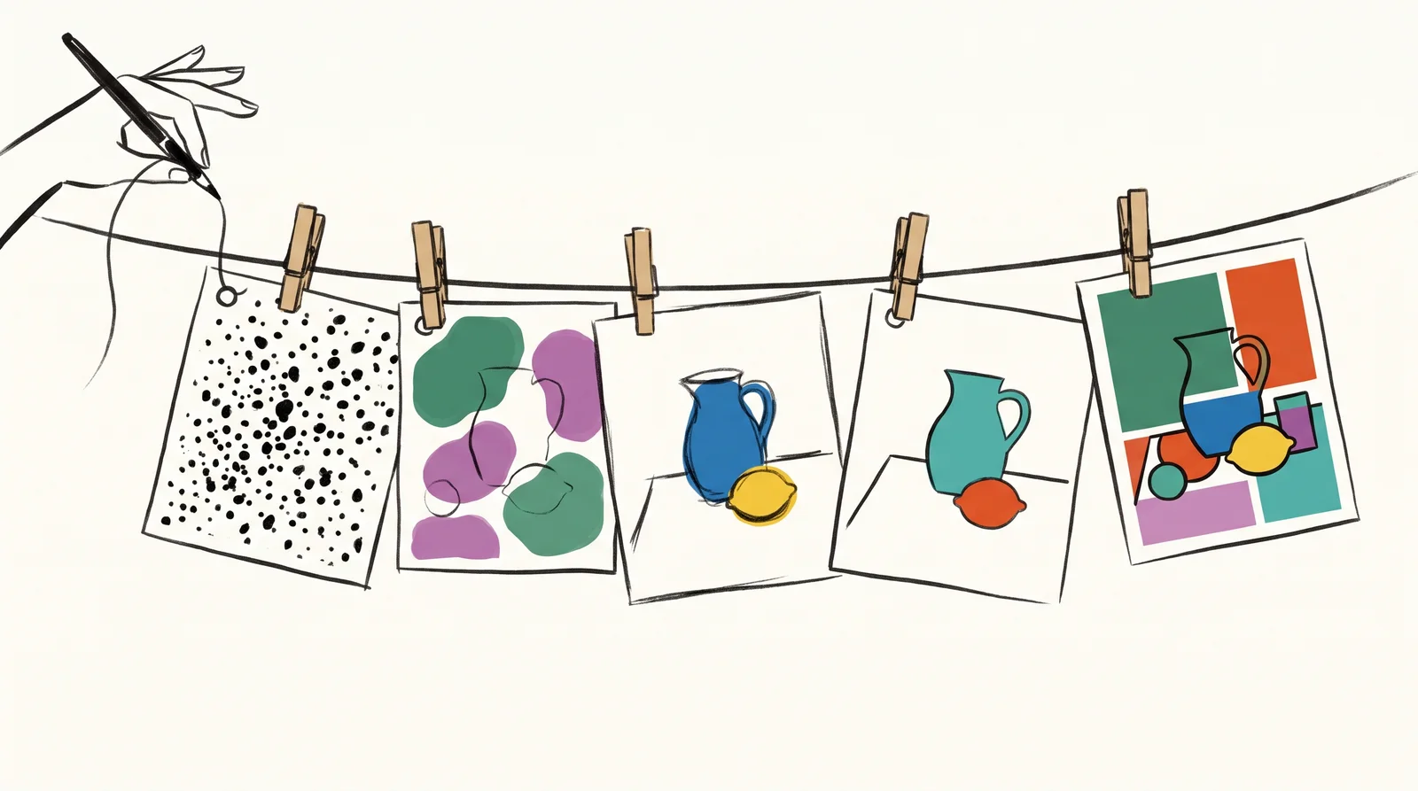 Five square prints pegged on a line. The first is pure speckled noise, and each one after it is a little clearer, until the last shows a crisp jug and lemon on a table. One thread held by a hand runs through all five prints.
