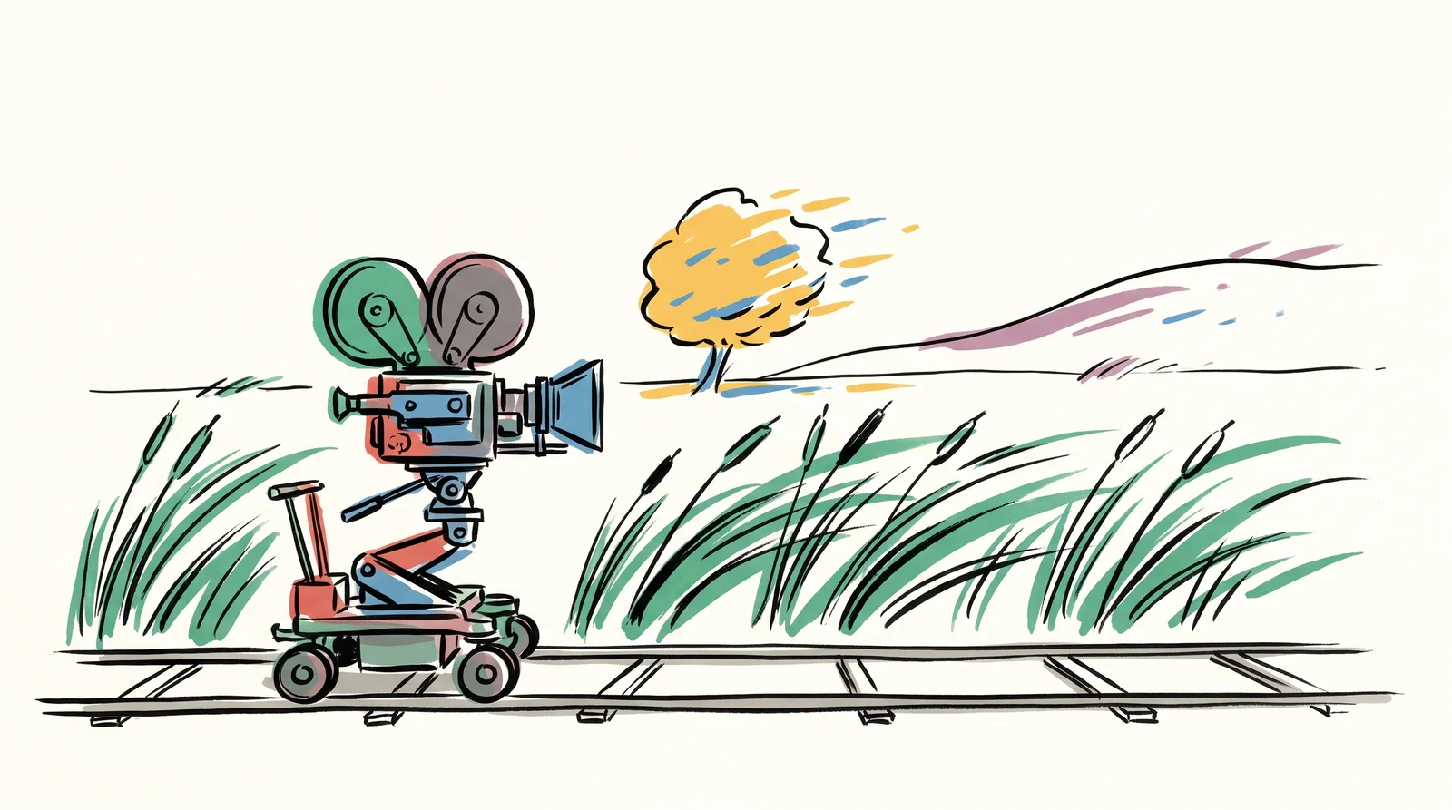 A film camera travels on a dolly along straight rails. In front of it are reeds up close, a tree in the middle and a hill far away. Motion streaks behind the reeds are long, behind the tree shorter, and behind the hill almost nothing.
