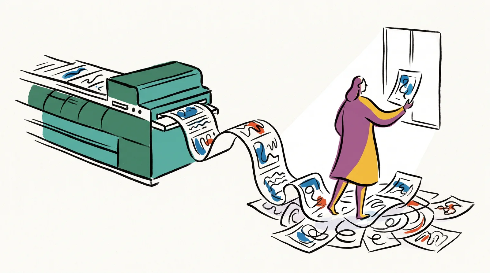 A long machine pours an endless stream of prints across a studio floor. A single person stands ankle-deep in them, calmly holding one print up to the window light to study it.
