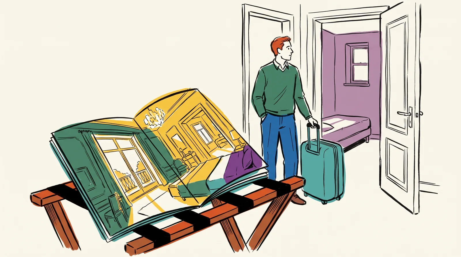 A brochure lies open on a luggage rack, showing a large, sunny hotel room. A guest with a suitcase stands in the doorway of the real room, which is much smaller and plainer, looking from the brochure to the room.
