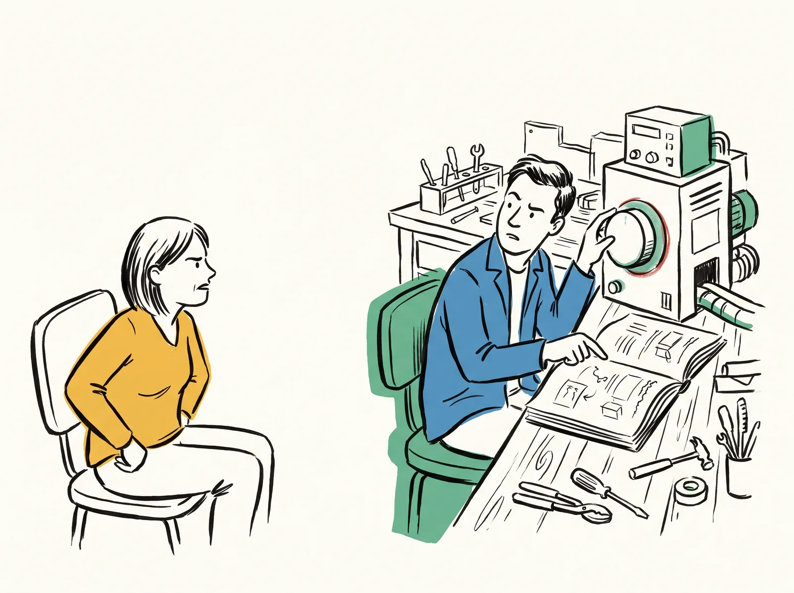 A person sits on their hands with lips pressed together, watching a colleague follow a hand-drawn manual at a workbench. The colleague has stopped, finger on a page, puzzled by a knob on the machine.