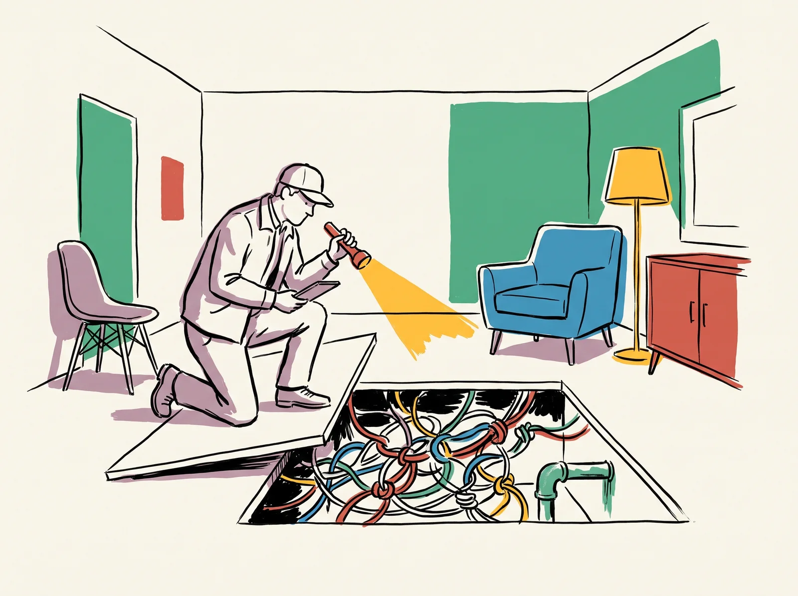 In a neat, finished room, an inspector kneels with a torch and lifts a floor panel to reveal tangled, mismatched wiring and a pipe that leads nowhere. Everything above the floor looks perfect.
