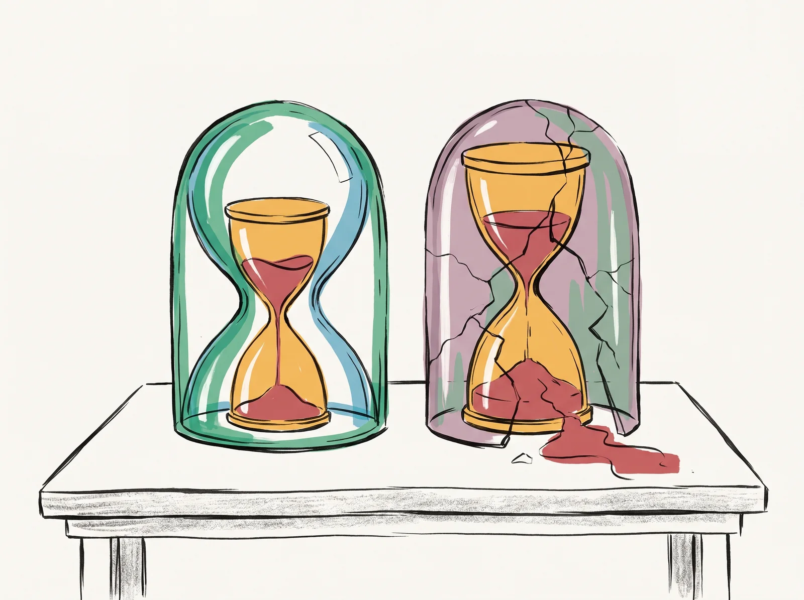 Two sets of nested hourglasses. In the first, a small hourglass fits easily inside a larger glass one. In the second, the inner hourglass is too big and has cracked the outer glass, spilling sand across the table.