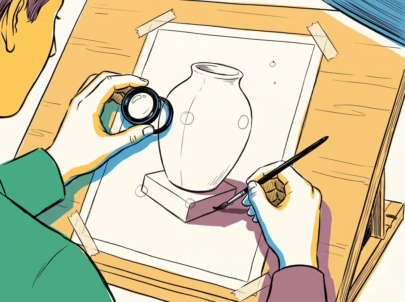 Over a retoucher's shoulder, a large print of a vase on a plinth is taped to a sloping board. One hand holds a magnifying loupe while the other touches up the shadow with a fine brush. Small pencil circles mark four spots still to fix.