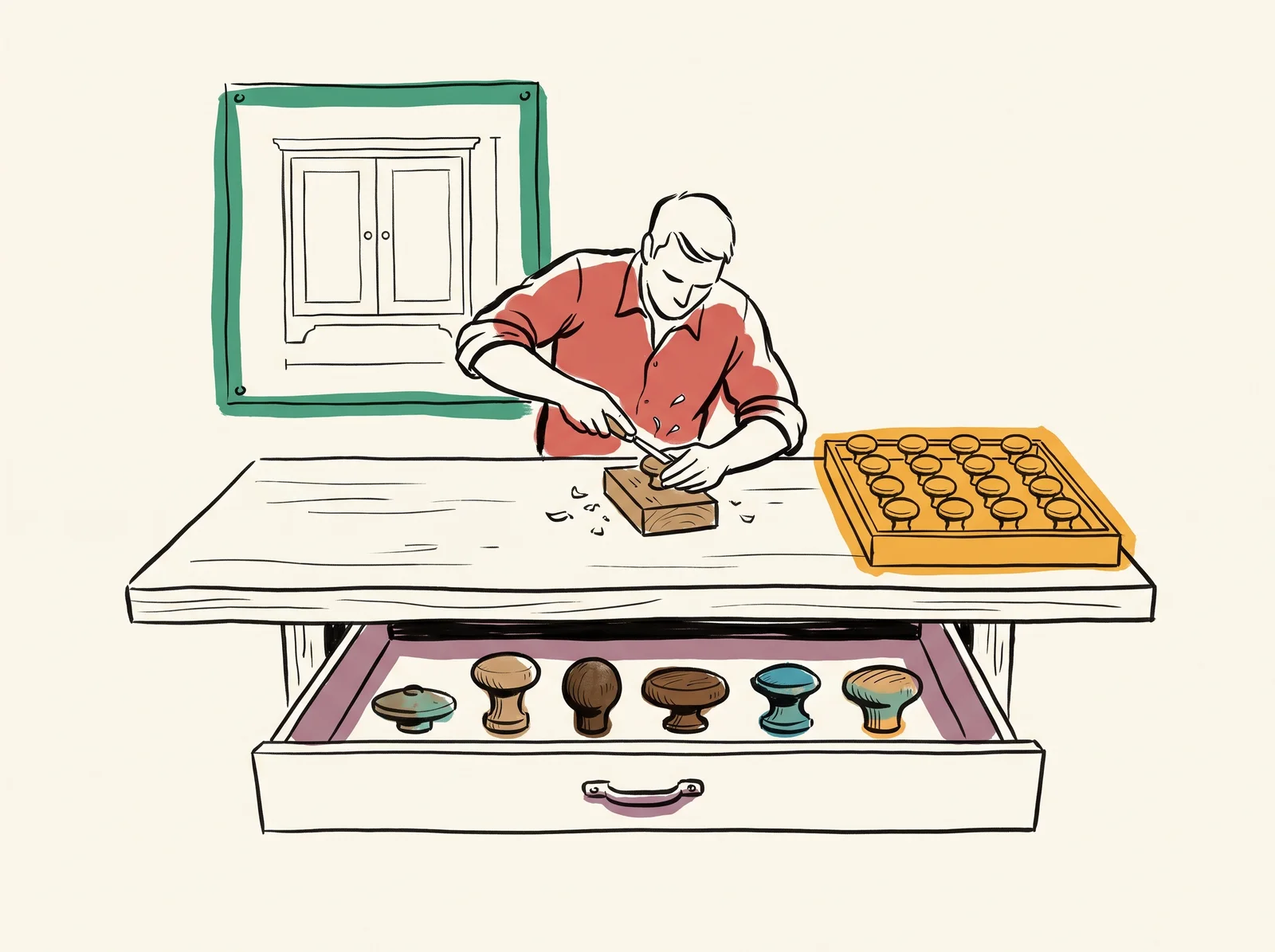 A cabinet maker at a bench carves a new round knob by hand, although a tray of identical ready-made knobs sits right beside them. An open drawer below holds eight other homemade knobs, each slightly different.