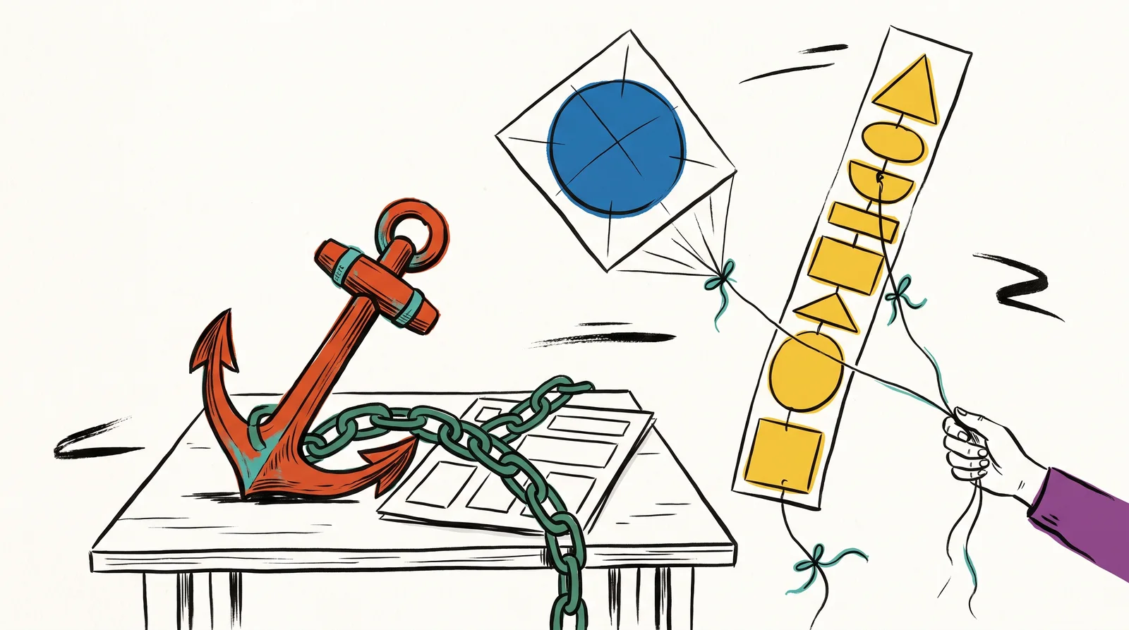A heavy anchor sits on a table with its chain wrapped around one ordinary paper screen layout. Nearby, two very different paper layouts, one with a big circle and one a tall stack of shapes, float up like kites held by a designer.