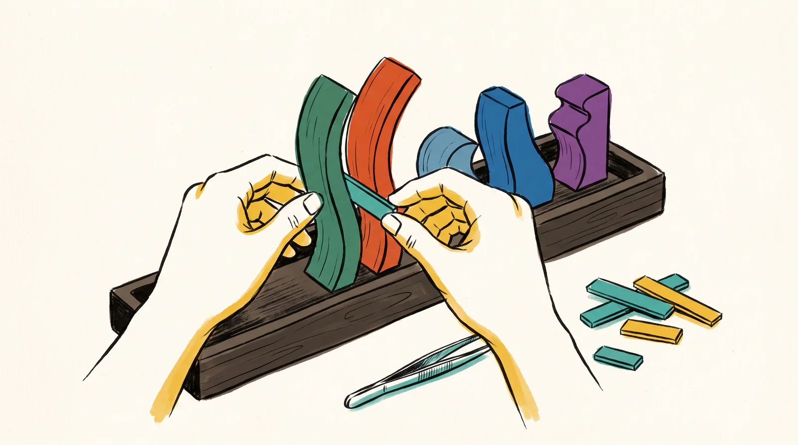 A compositor's hands set a row of abstract wooden shapes, curved, upright and angled, into a long tray, sliding thin brass spacers of different widths between them. Tweezers and spare spacers lie nearby.