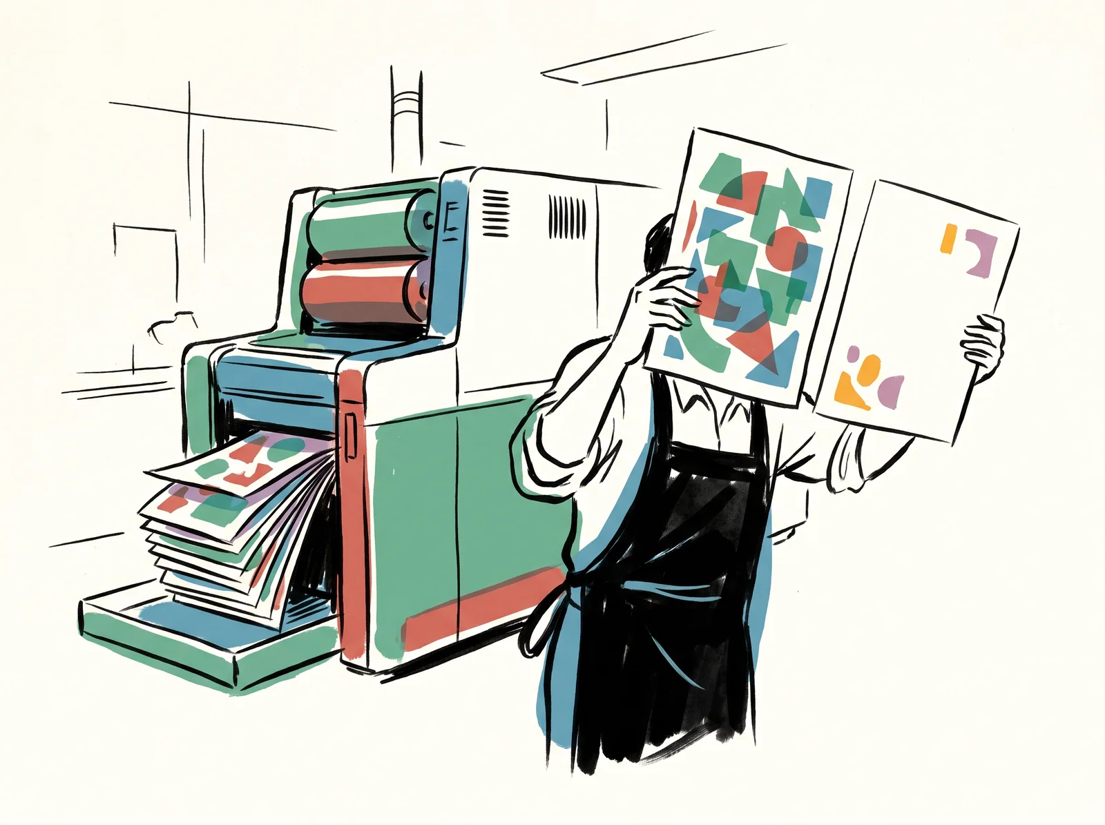 Printed covers fan out of a press into a tray, each with a different arrangement of shapes. A printer in an apron holds up the two strangest ones, one overcrowded and one nearly empty, to the light.