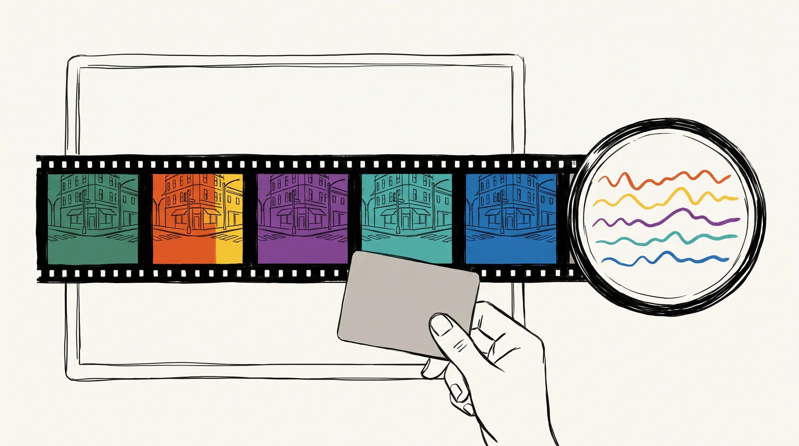 Five film frames of the same street lie on a light box, each a different tint: green, warm, dim, bright and blue. A colourist slides a grey card along them, and a small round scope nearby shows five wavy lines that don't yet line up.