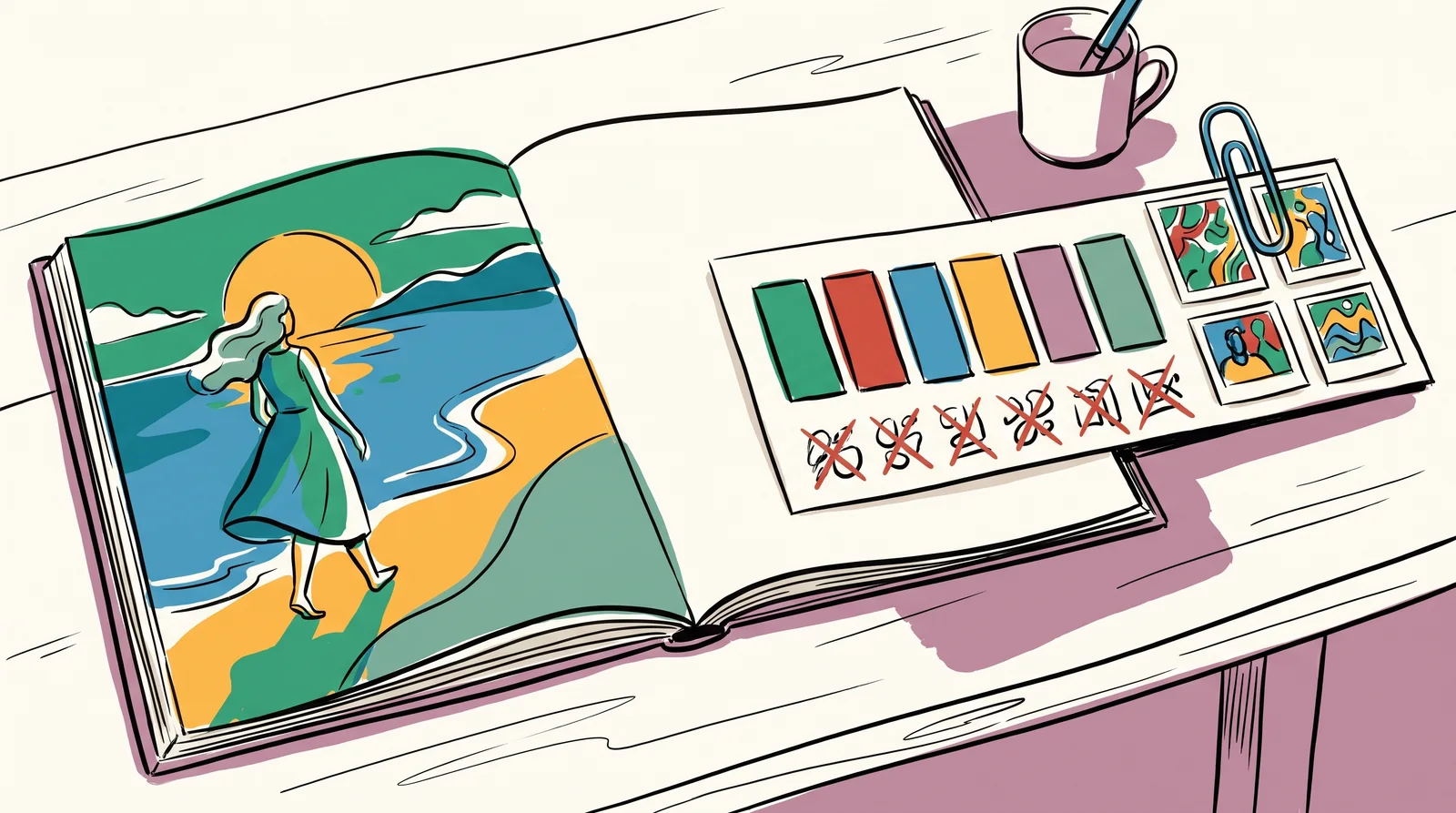 A large open book shows a full-page photograph of a woman walking by the sea. From its back, a plain fold-out appendix holds a row of colour chips, a strip of crossed-out sketches and four small reference prints clipped together.