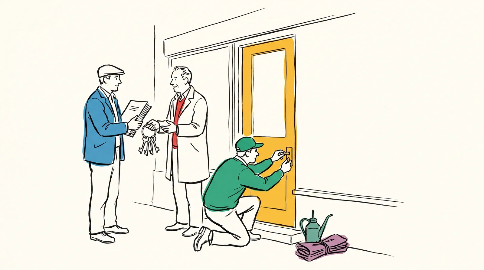 At the door of a small new workshop, a builder hands the owner a manual and a ring of keys while a locksmith fits a new lock beside them. An oil can and spare parts sit on the step.