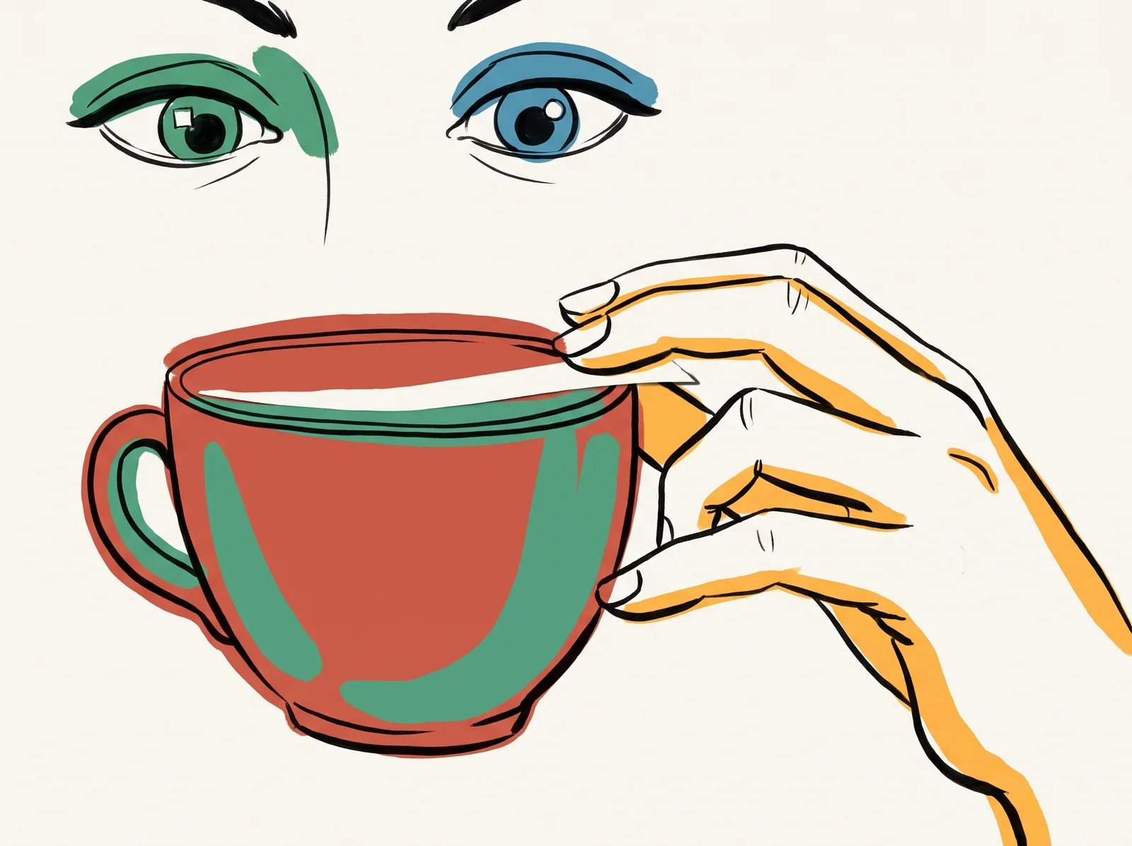 A close-up of a hand around a teacup whose fingertips don't quite touch it, leaving a tiny gap. Above, a pair of eyes looks down at the cup; one eye reflects a square window and the other a round light.