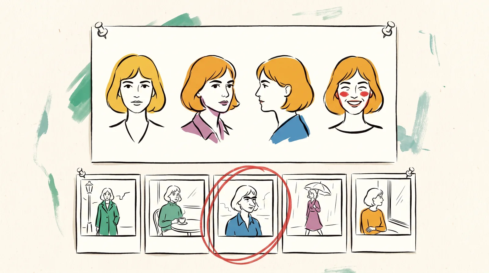 A reference sheet pinned on a wall shows one woman's face from four angles. Below it is a row of five small photographs of her in different places. In the third, her face is slightly different, and a red pencil circle marks it.