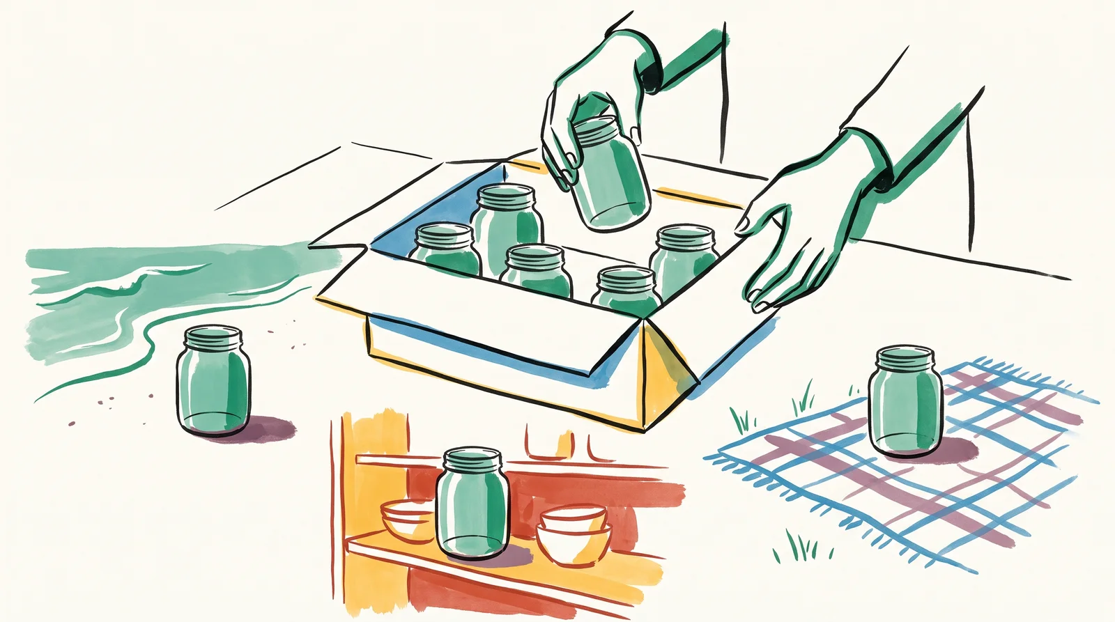 A shallow box of six paper cut-outs of the same glass jar from different angles. Hands lift one out. Around it lie three painted scenes, a beach, a shelf and a picnic, each with the identical jar placed in it.
